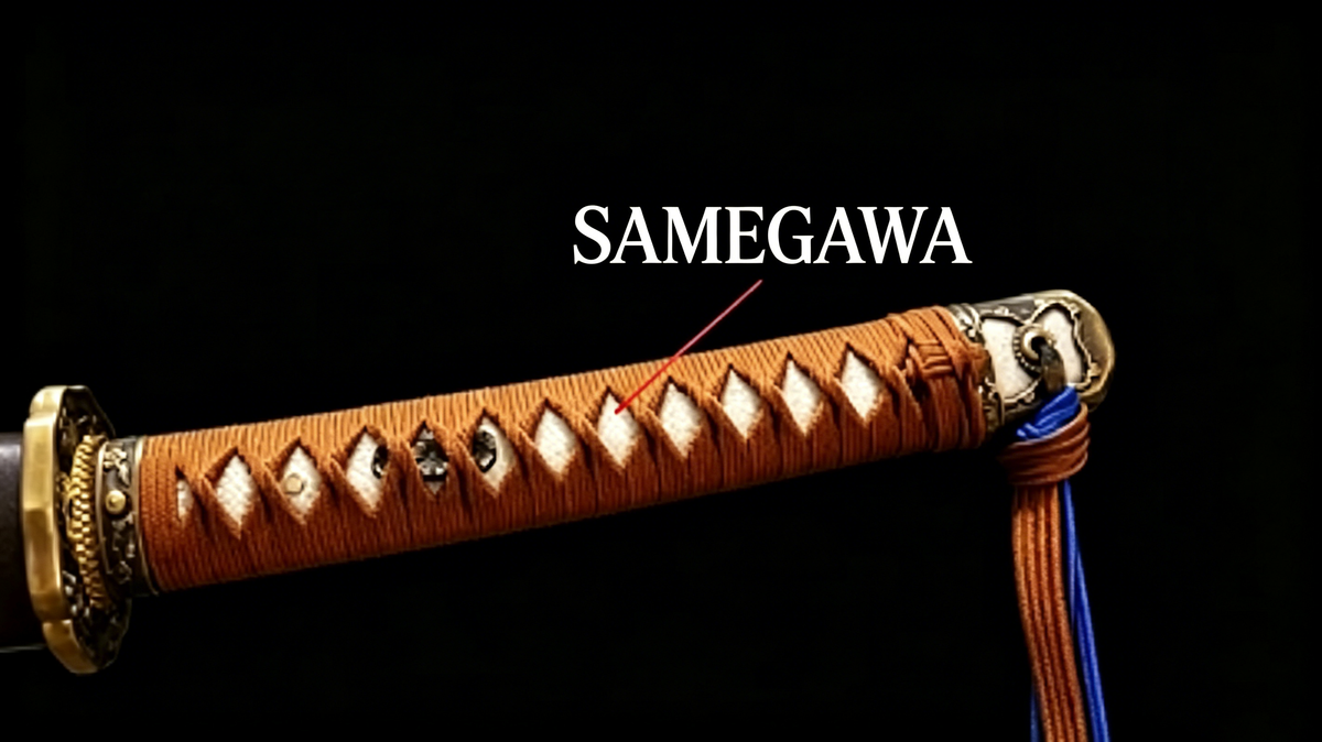 16:9 side‑by‑side collector comparison, genuine samegawa stingray hide versus synthetic imitation ray‑skin for katana tsuka