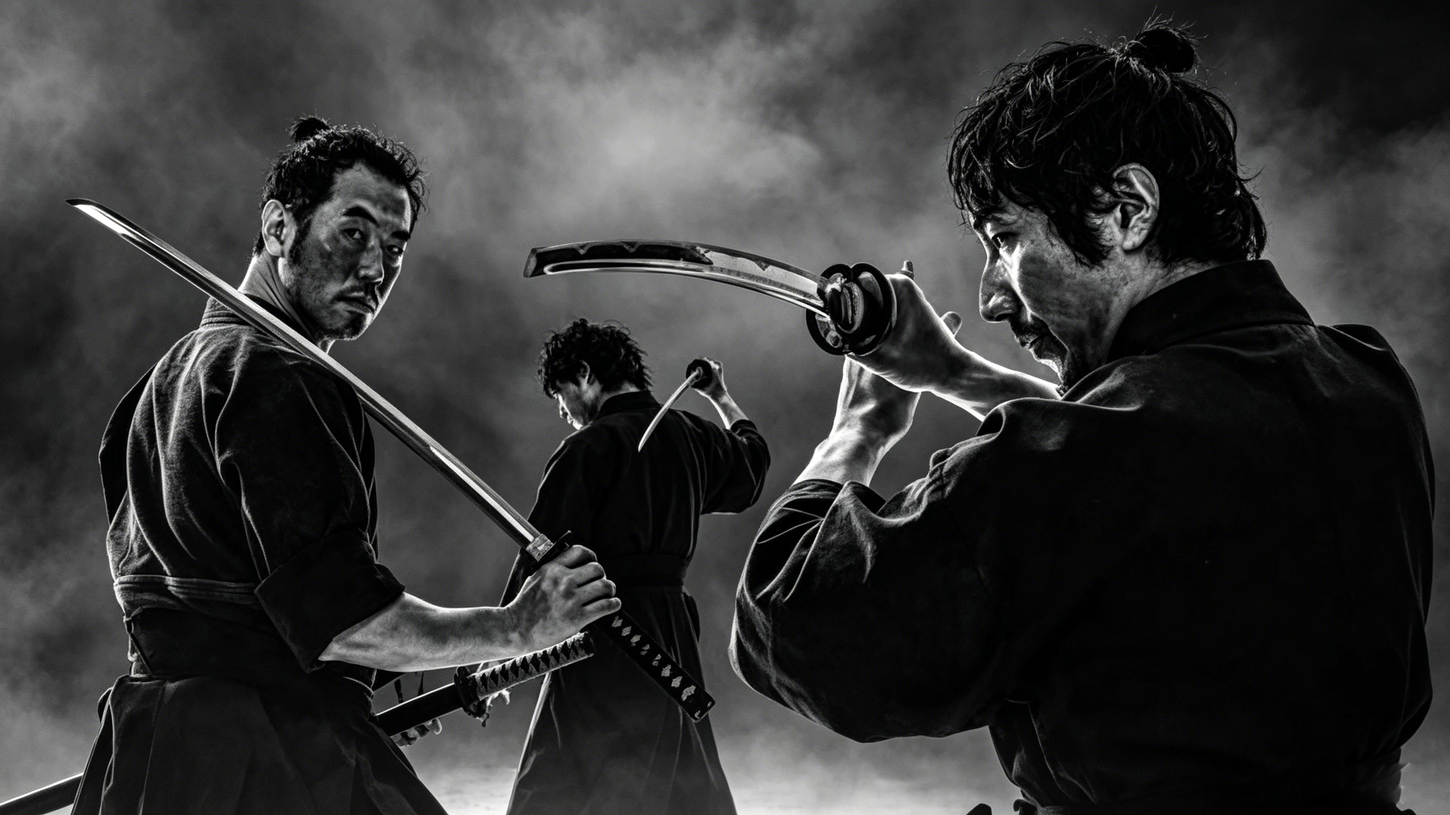 Black and white cinematic shot of multiple samurai drawing authentic katana swords, classic Japanese samurai combat culture scene