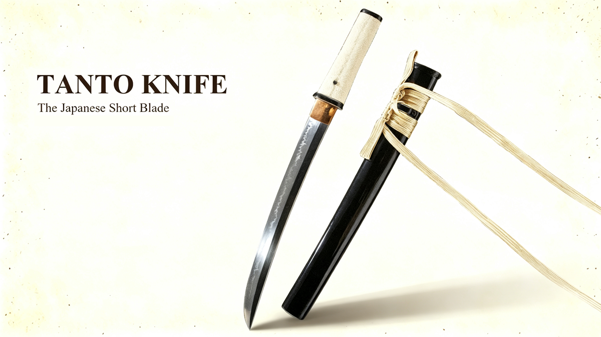 Tanto knife and sheath displayed on warm beige background with title "Tanto Knife: The Japanese Short Blade" — Japanese short blade cover image for collectors