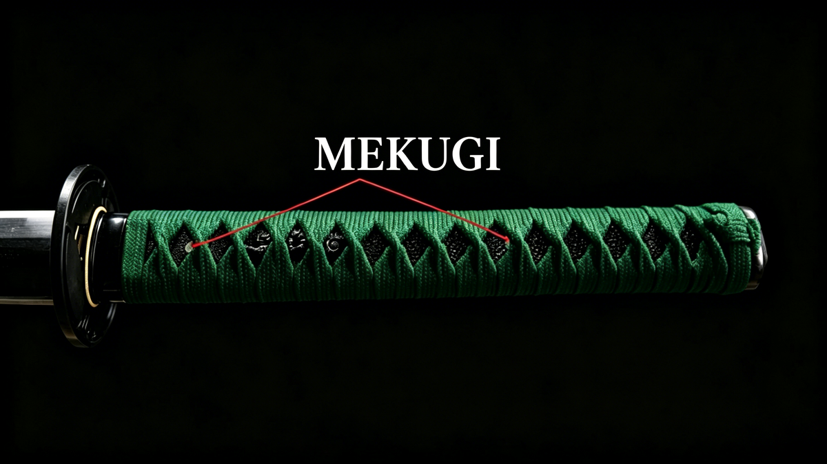 16:9 museum‑style photo showing four antique katana tsuka handle fixing‑method specimens for sword collectors