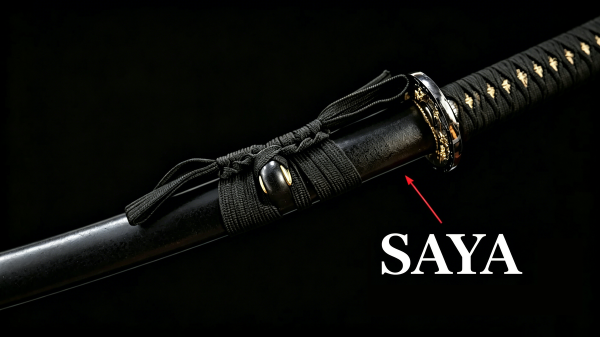 Close‑up studio photograph showing katana saya scabbard with kurigata knob and sageo cord, black background with technical SAYA annotation, nihonto structural demonstration