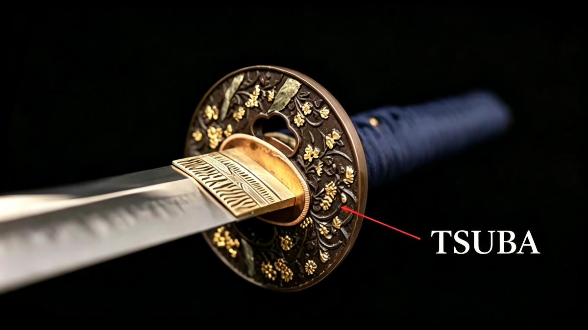 Close‑up studio shot of ornate floral‑pattern tsuba mounted on katana, dark background showing assembled nihonto handguard