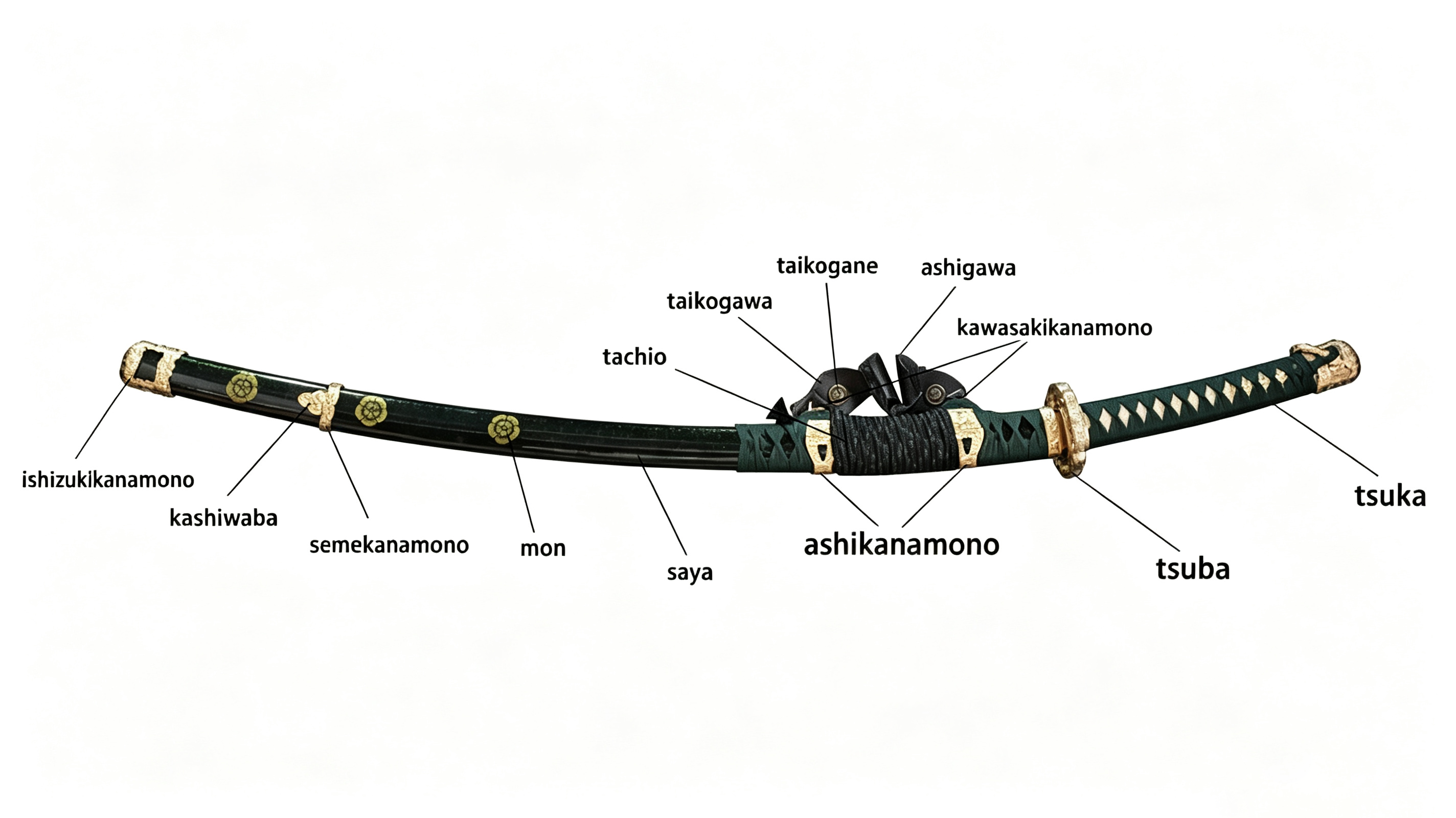 Fully labeled clean white background diagram of complete tachi koshirae with all nihonto sword fitting terminology, 16:9 educational cover graphic for tachi parts collector guide