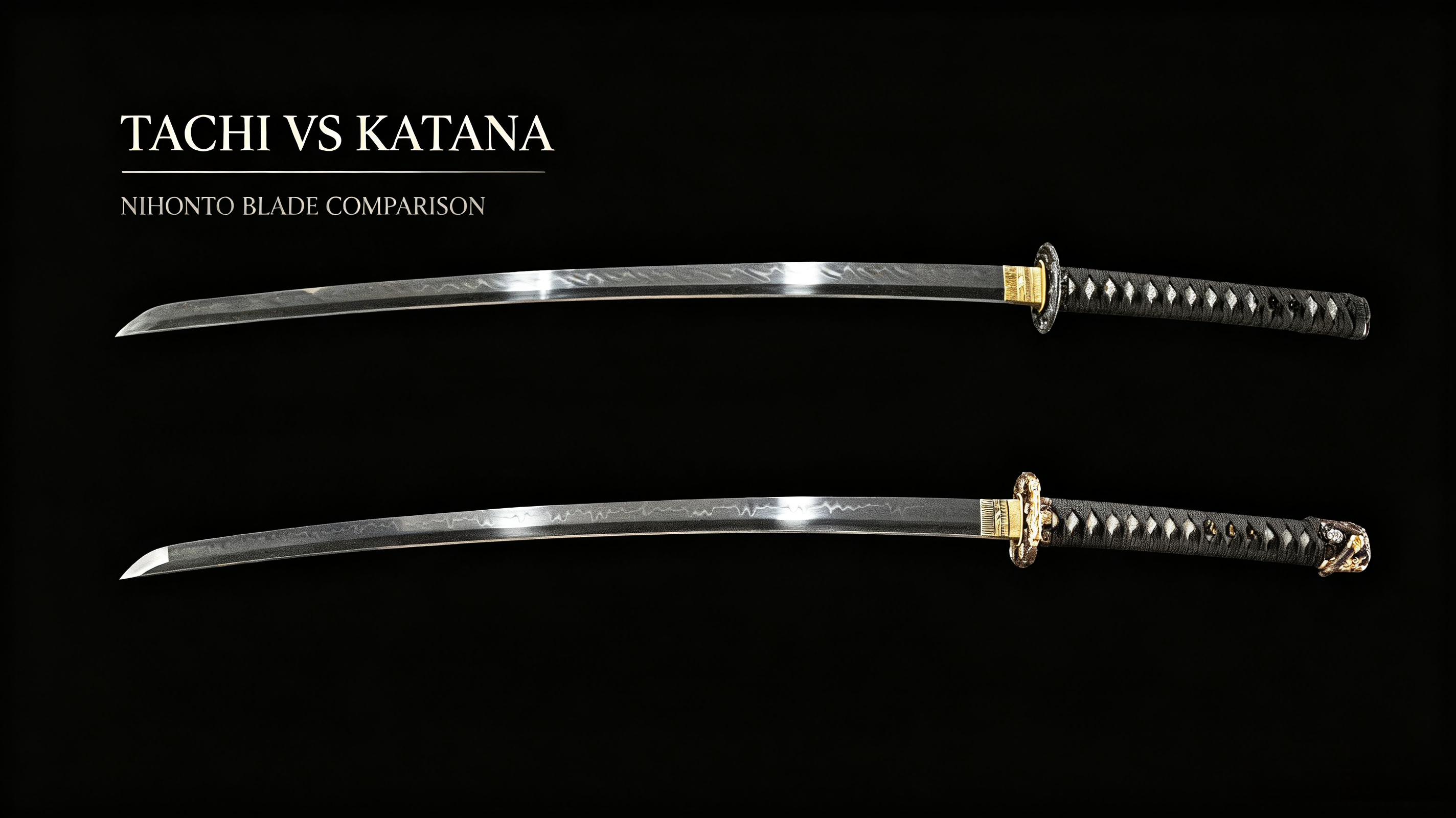 Side-by-side comparison photograph of tachi and katana nihonto against solid black background, clean studio shot for historical comparison