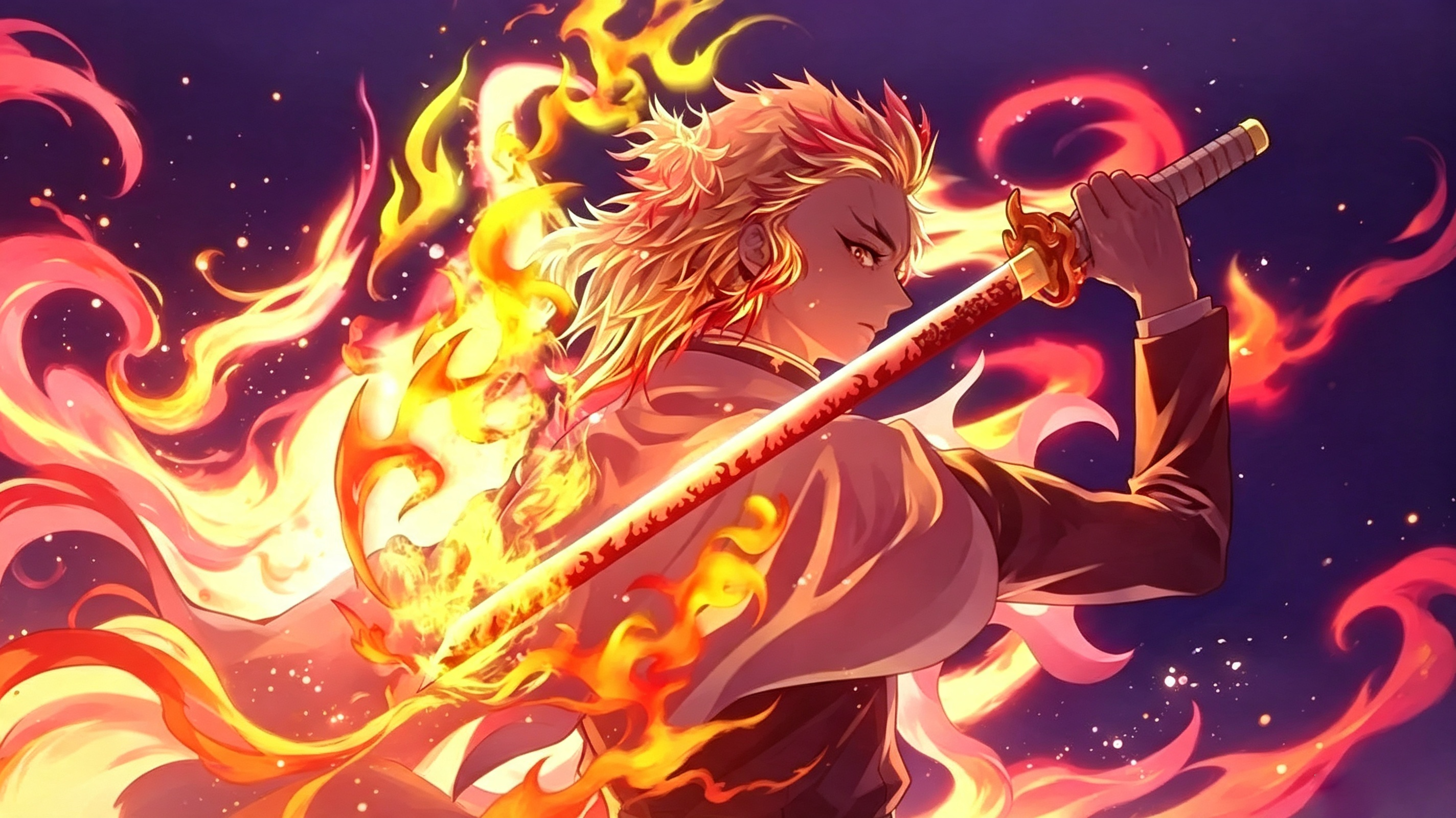 Anime illustration of Flame Hashira Kyojuro Rengoku surrounded by blazing flame effects, holding his Nichirin katana, Demon Slayer artwork