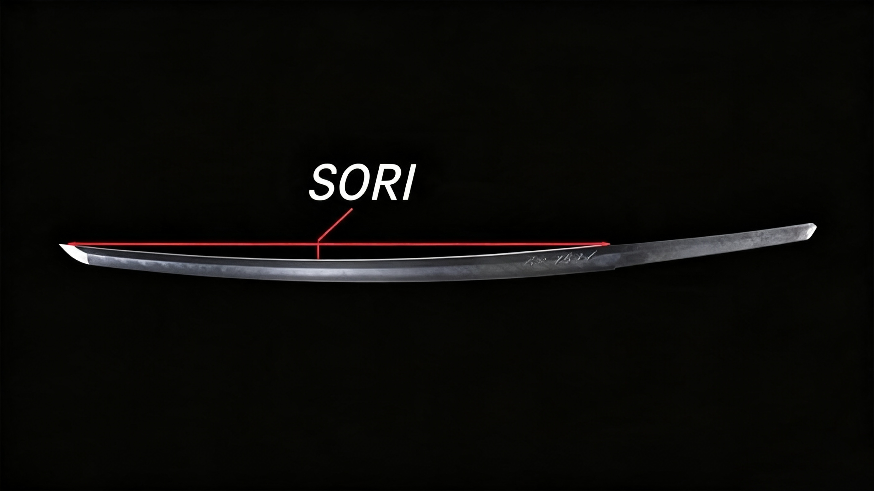 Black‑background studio photograph of katana blade with white measurement markup defining sori, nihonto curvature demonstration