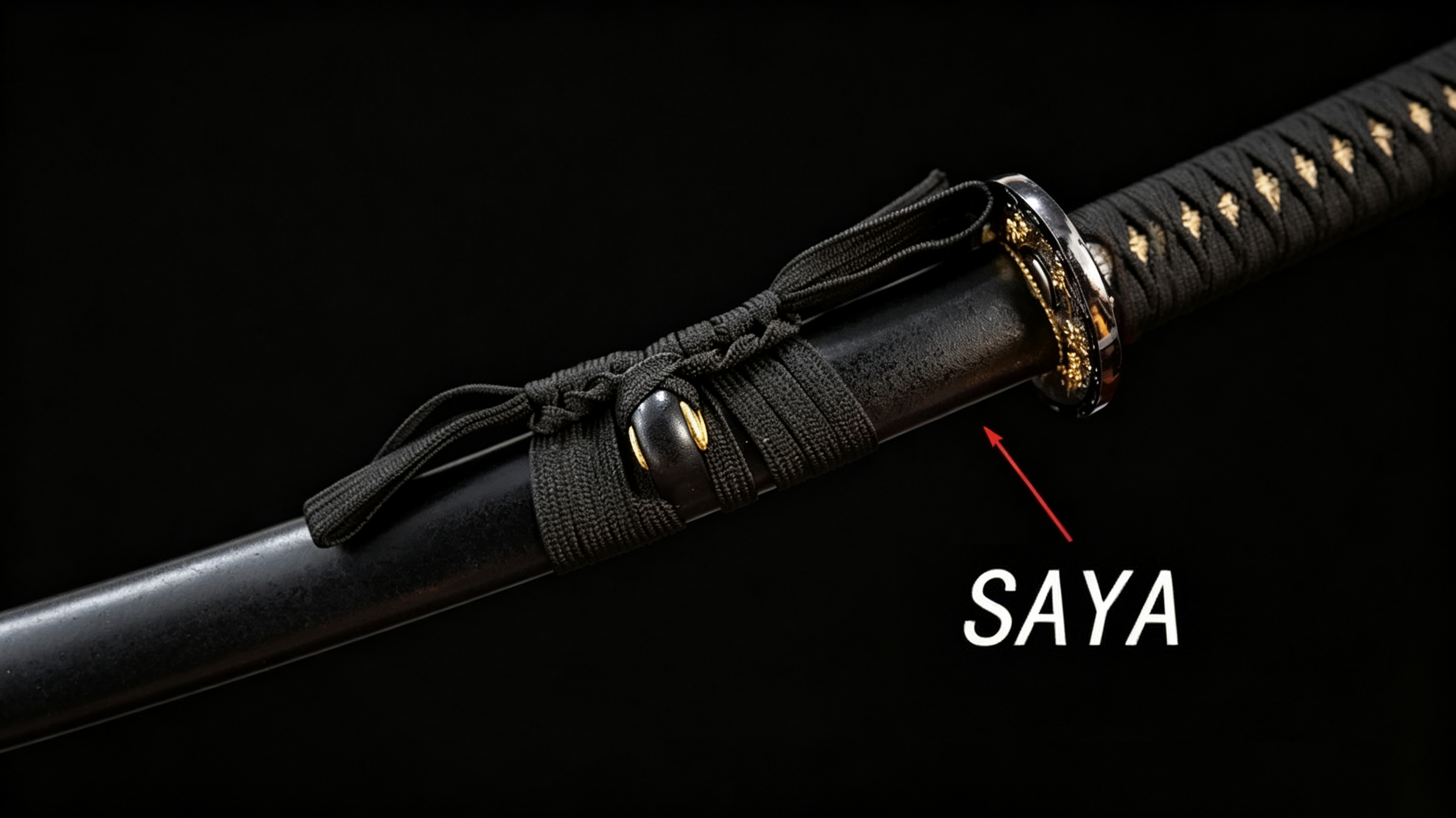 Close‑up studio photograph showing katana saya scabbard with kurigata knob and sageo cord, black background with technical SAYA annotation, nihonto structural demonstration
