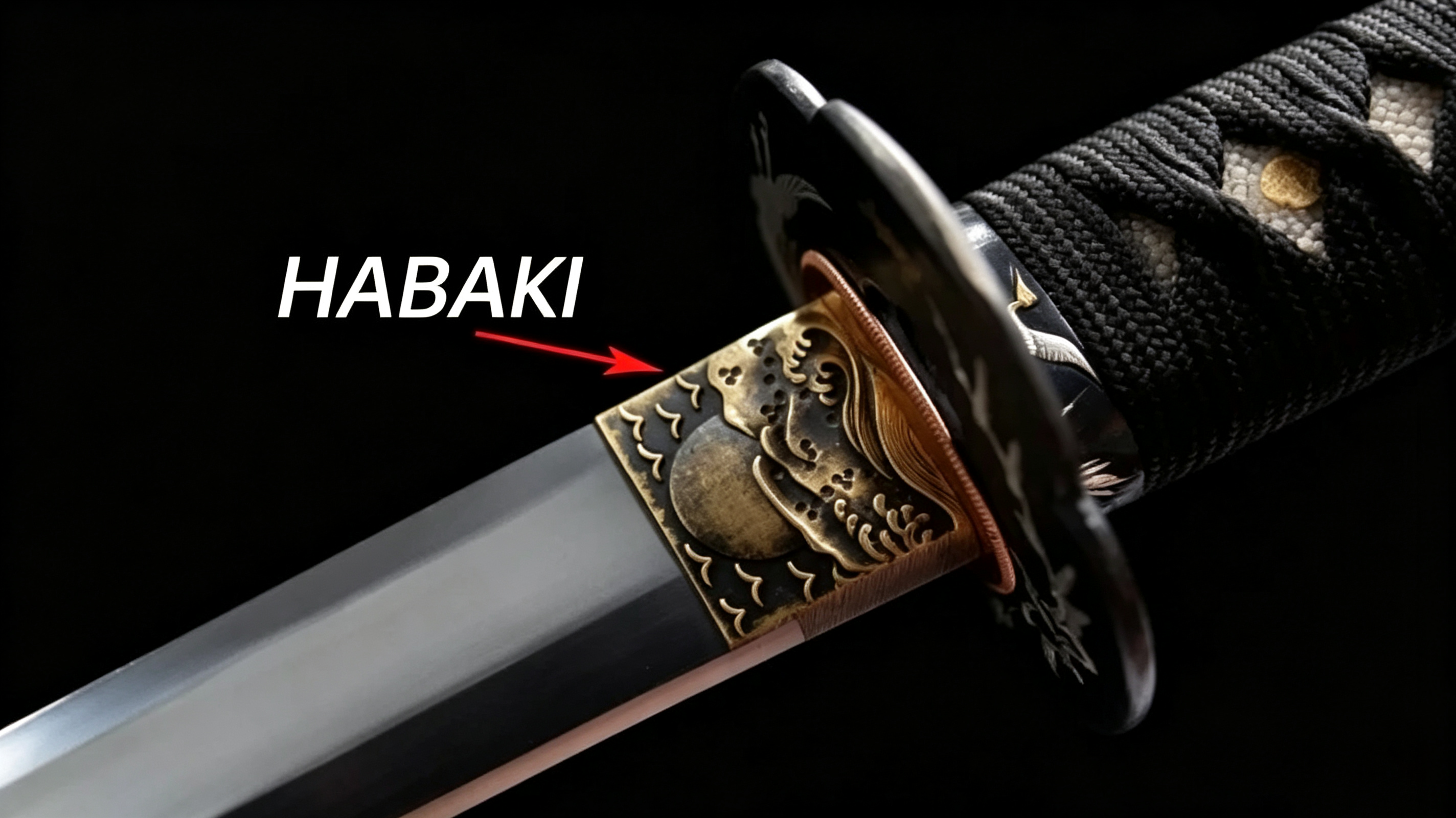 Close‑up studio view of katana habaki metal collar fitted at blade base, showing assembly relation between blade, habaki and tsuba handguard, dark neutral background