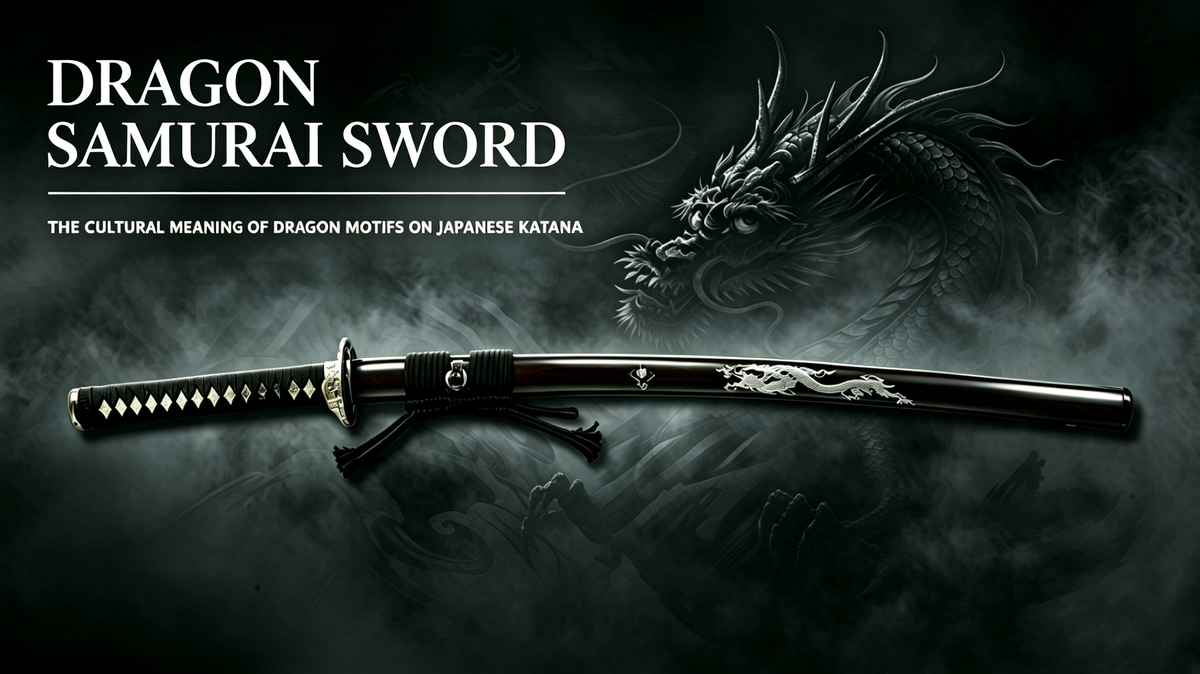 Dragon samurai katana laid flat against faint vintage Japanese ink dragon screen, traditional dragon motif nihonto display photograph