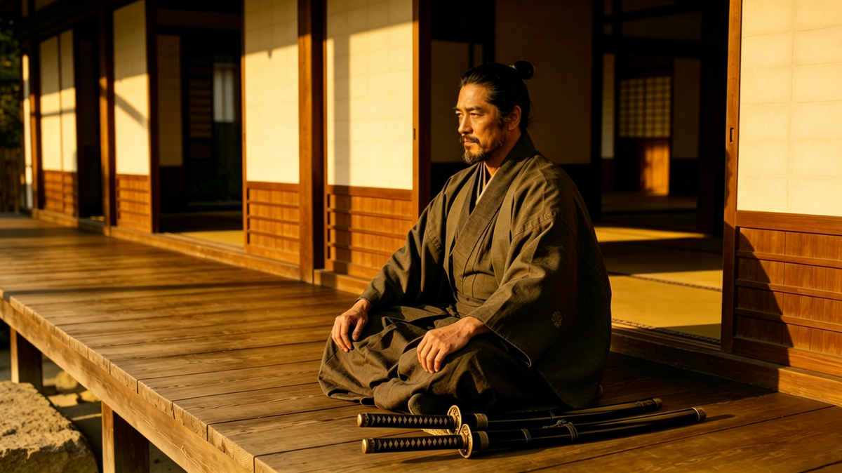 Miyamoto Musashi Niten Ichi-Ryu ink art, legendary Japanese sword saint with dual katana, Bushido swordsmanship