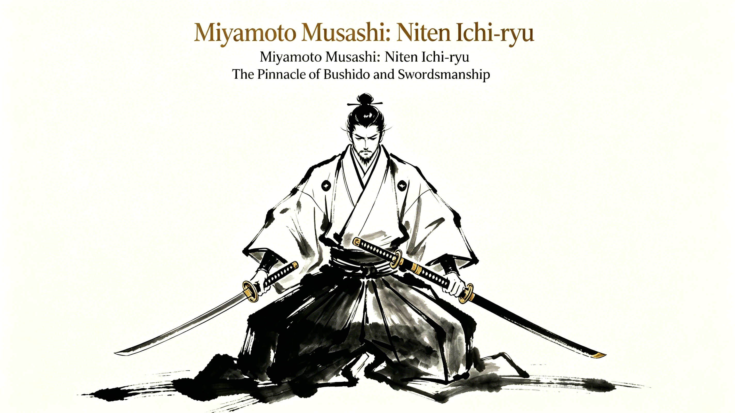 Miyamoto Musashi Niten Ichi-Ryu ink art, legendary Japanese sword saint with dual katana, Bushido swordsmanship