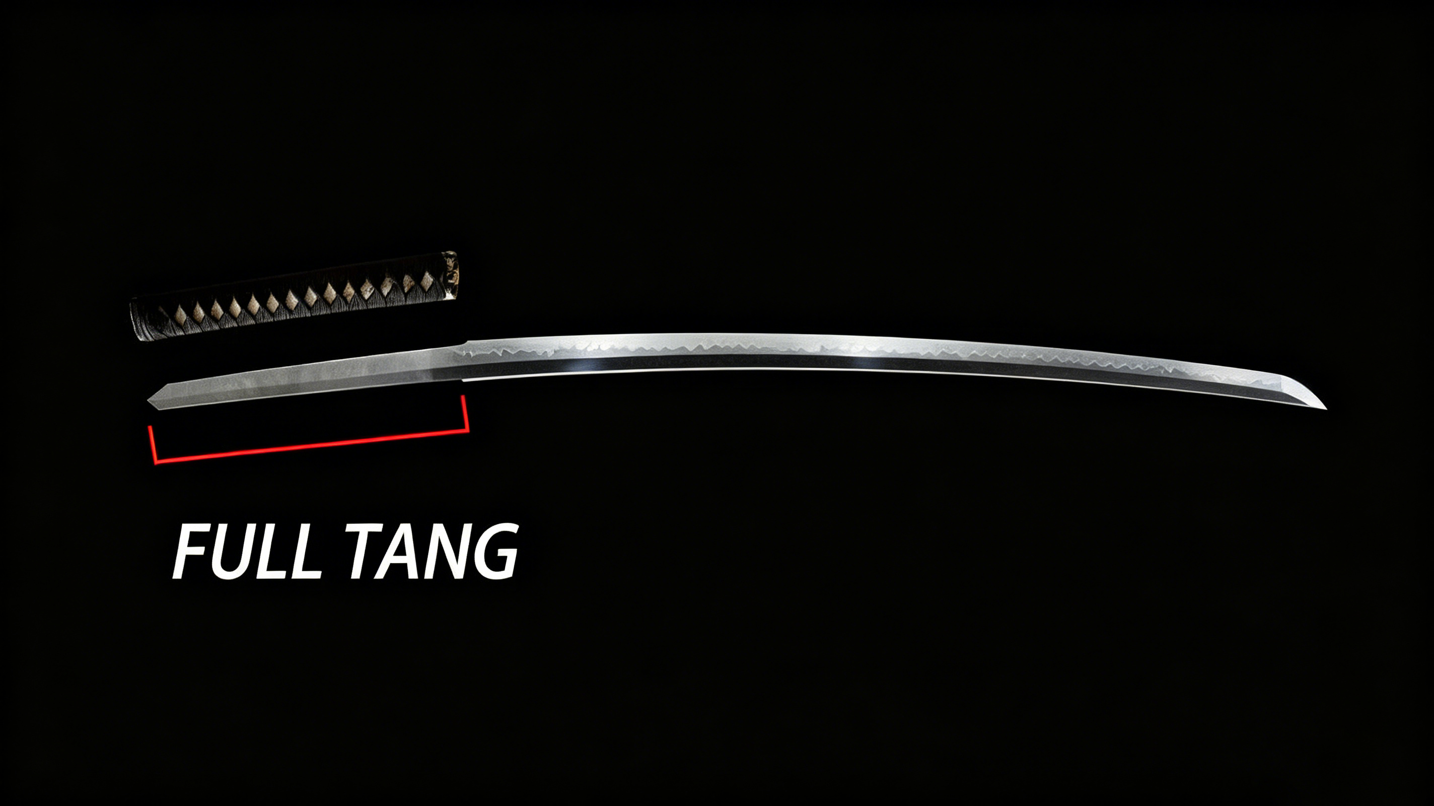 Diagram of a disassembled full tang katana, showing the continuous steel nakago extending from blade tip to pommel, with the handle (tsuka) separated
