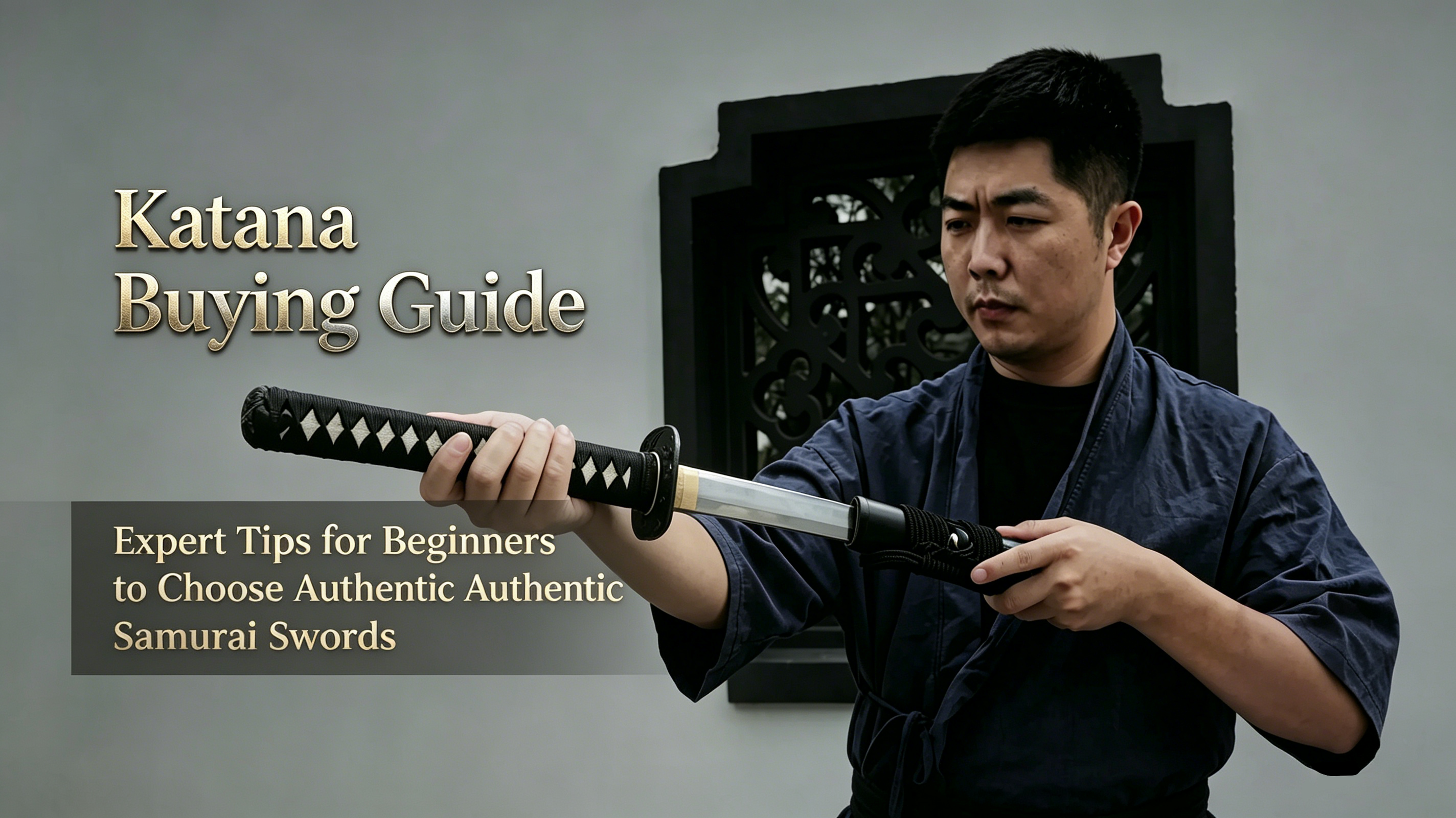 Complete handmade functional katana full set display, traditional samurai sword with polished blade and black lacquered saya scabbard
