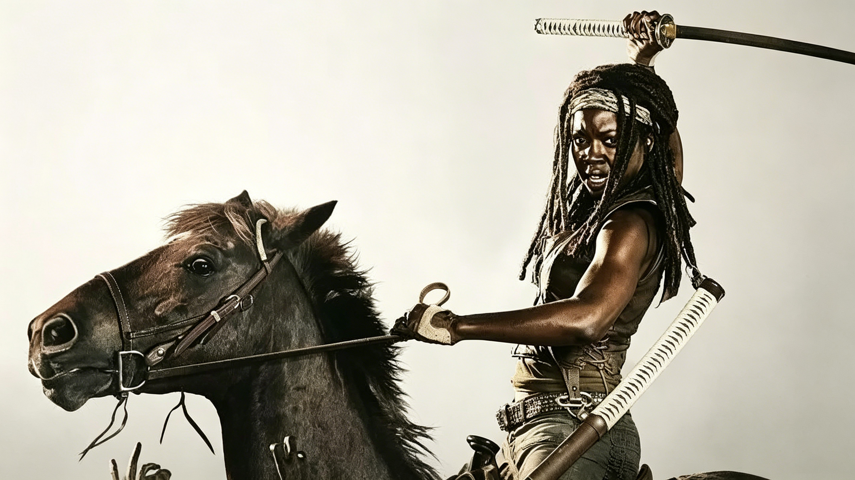 Official promotional poster of Michonne holding her signature katana riding a horse in The Walking Dead, iconic post-apocalyptic character weapon prop