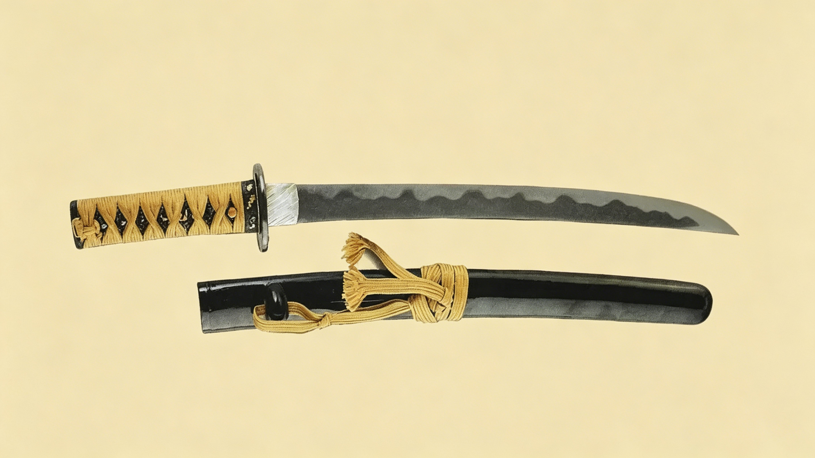 Complete wakizashi short katana full set display, traditional Japanese samurai side sword with yellow tsuka ito and black saya scabbard