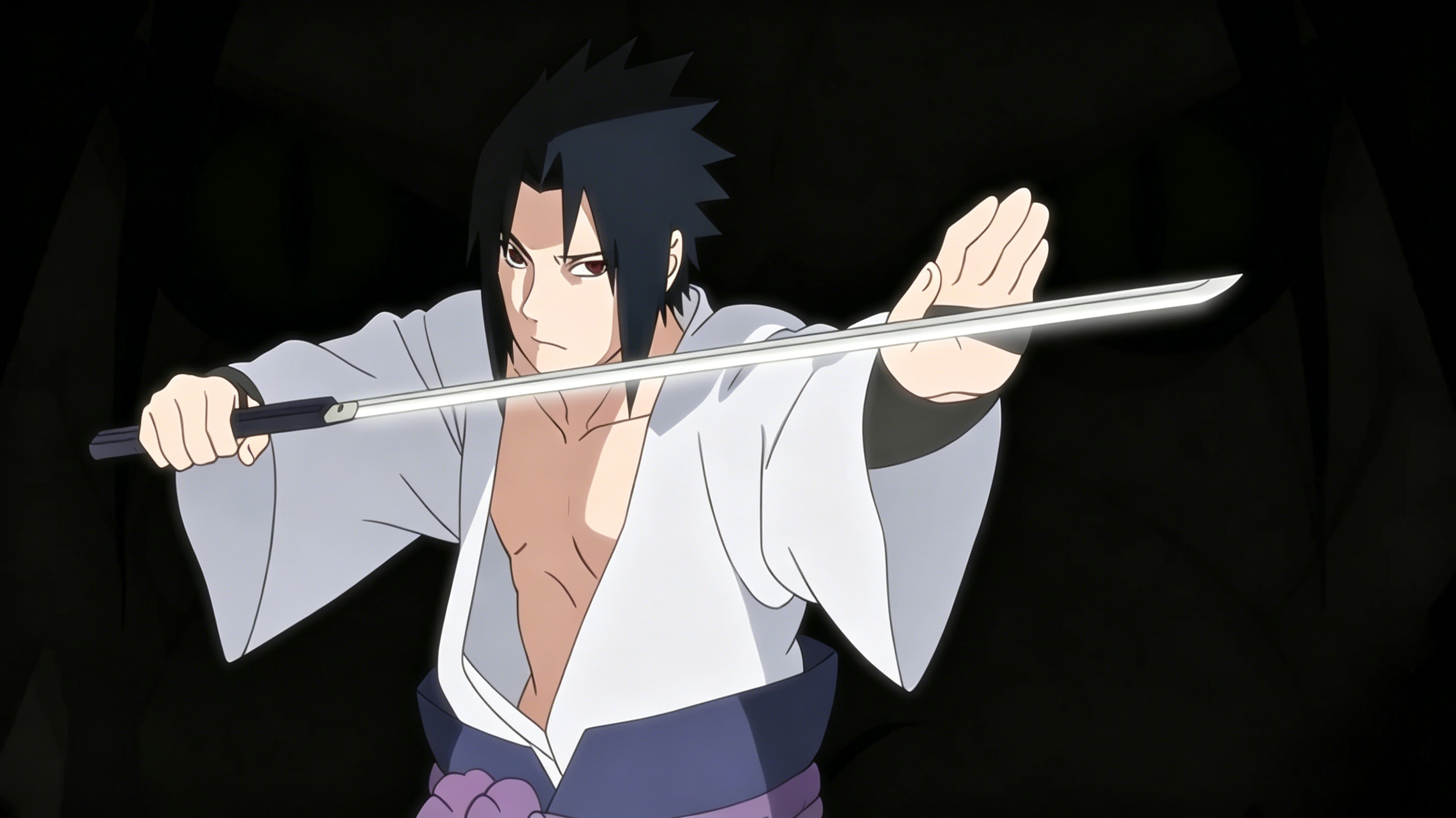 Uchiha Sasuke with Sword of Kusanagi, classic ninja pose from Naruto anime