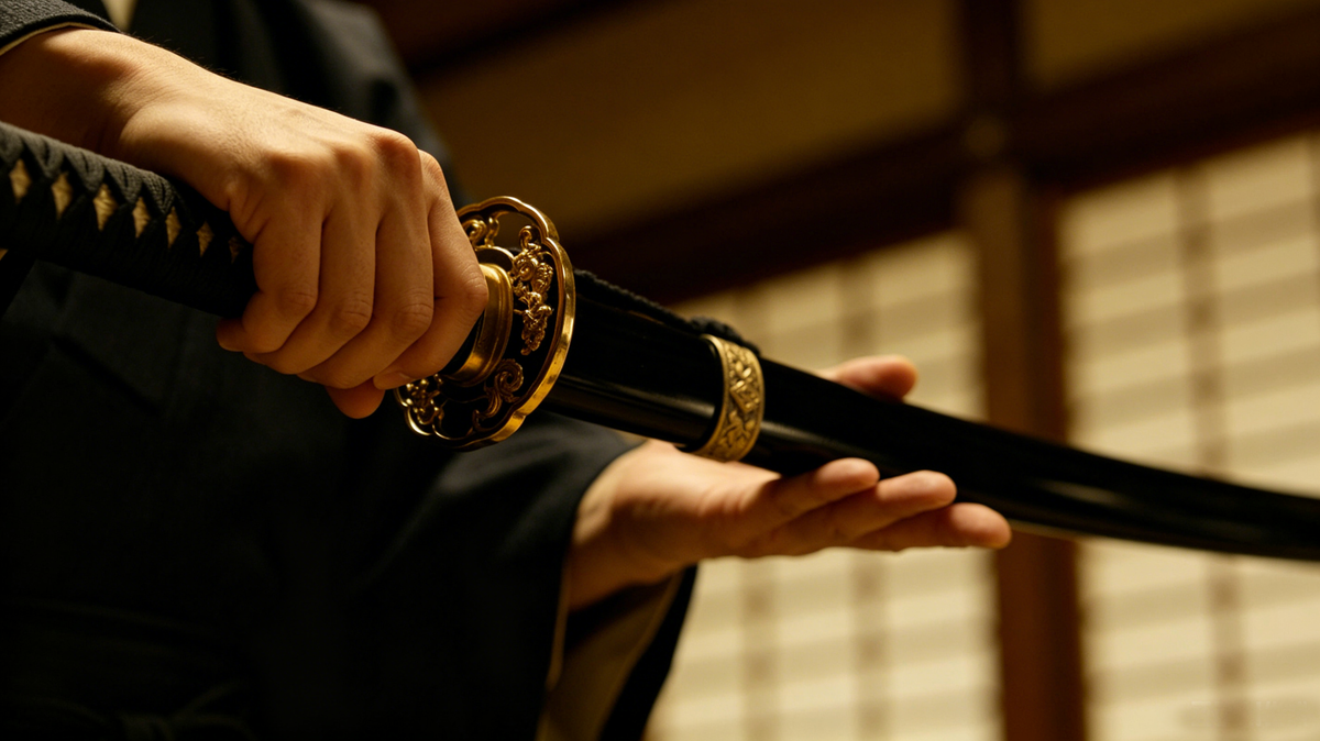 Man in casual indigo kimono holding a polished replica katana, neutral studio backdrop for bushido sword guide header graphic
