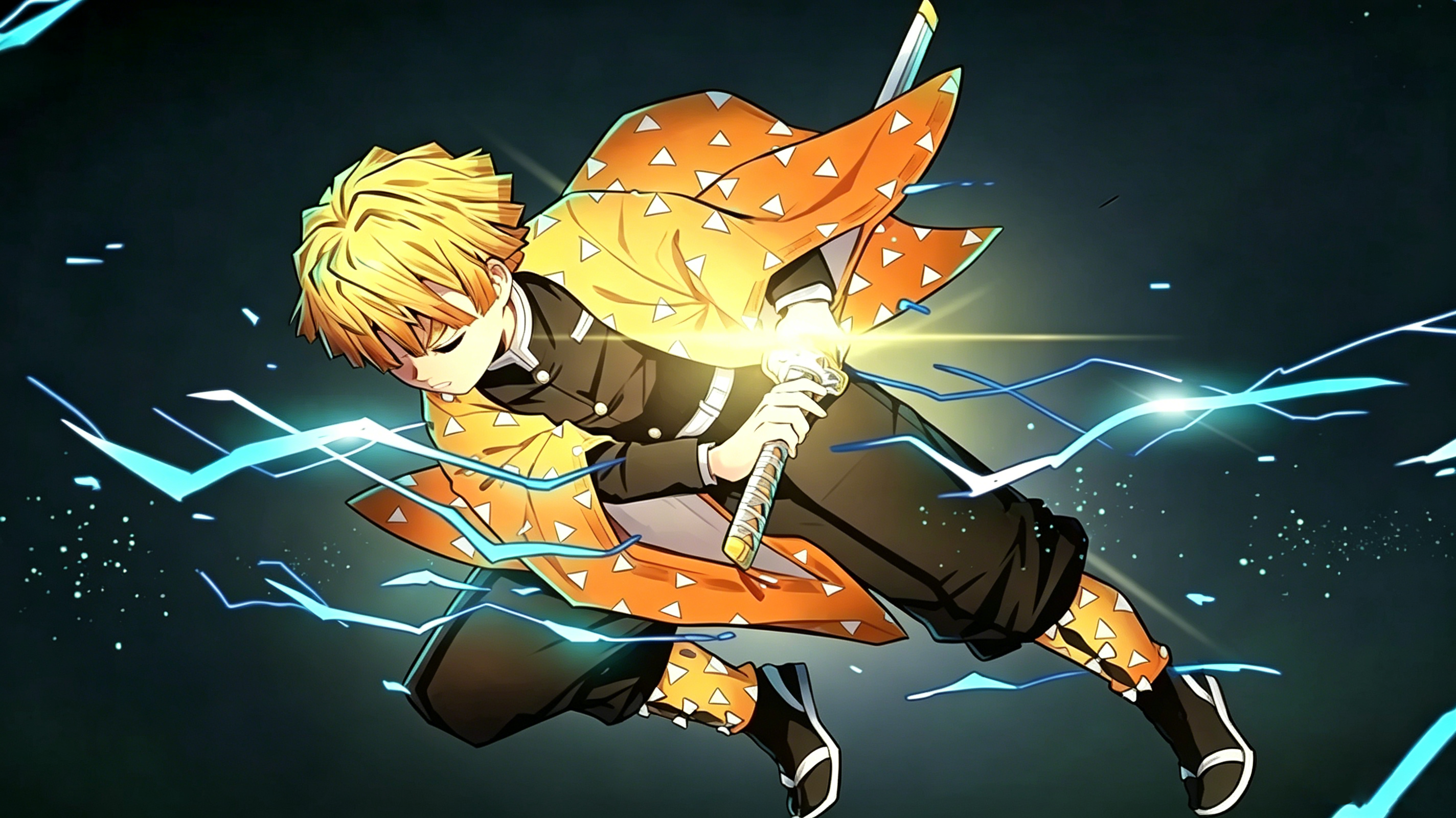 Zenitsu Agatsuma holding his yellow Nichirin Sword, Thunder Breathing user from Demon Slayer