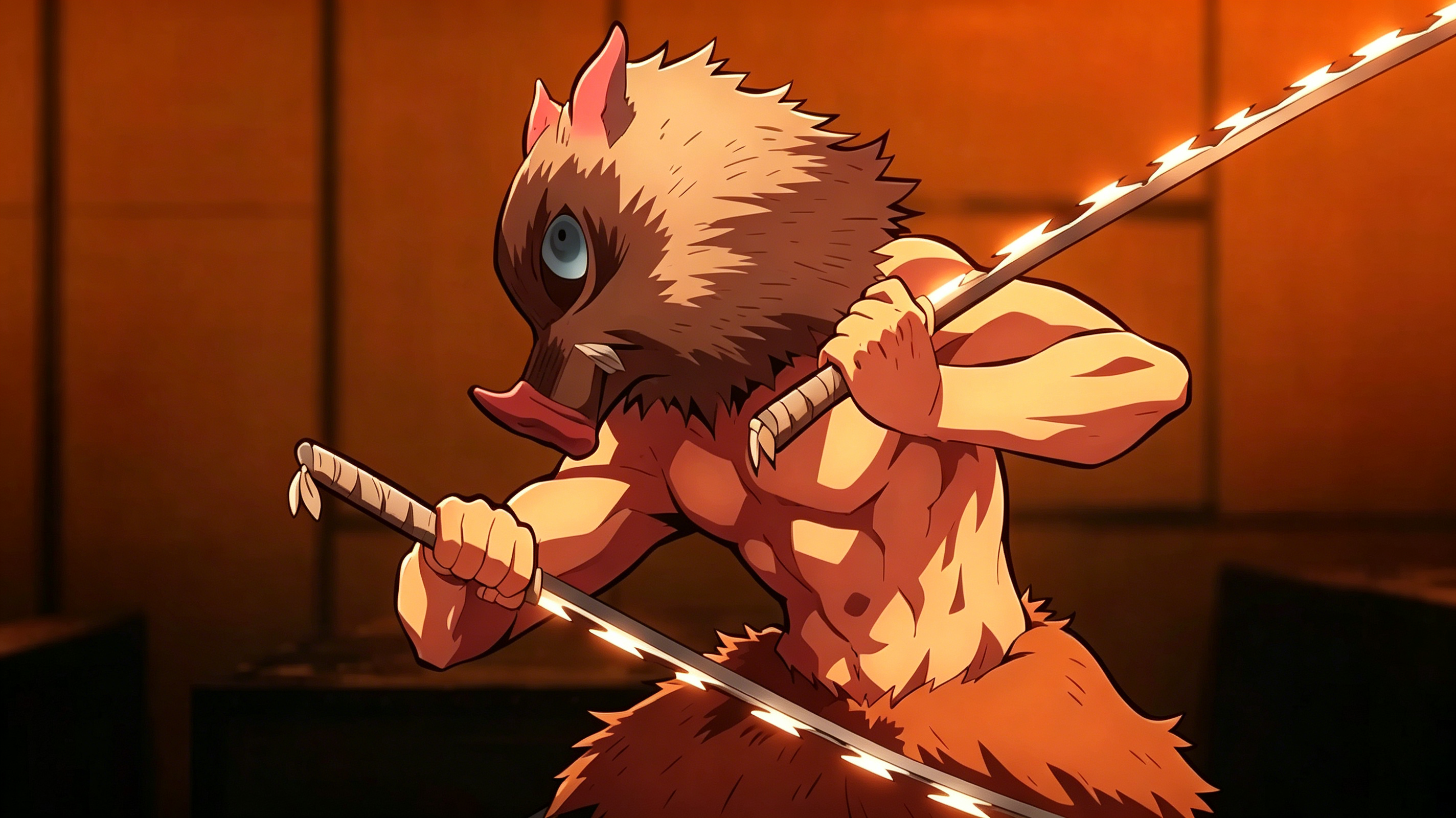 Hashibira Inosuke wearing boar mask holding dual Nichirin swords, Demon Slayer anime character