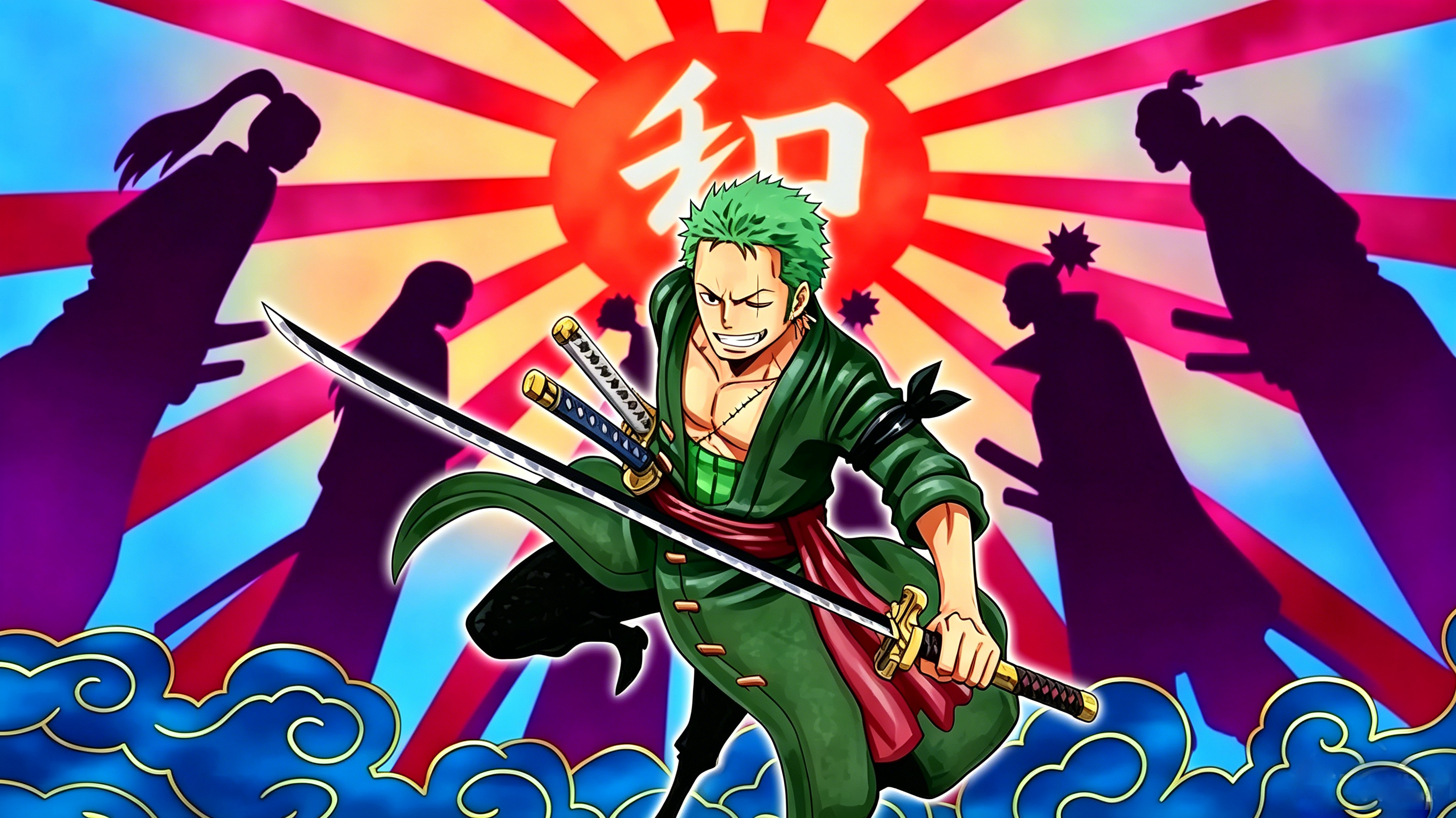 Roronoa Zoro holding three katanas, classic three sword style pose from One Piece anime