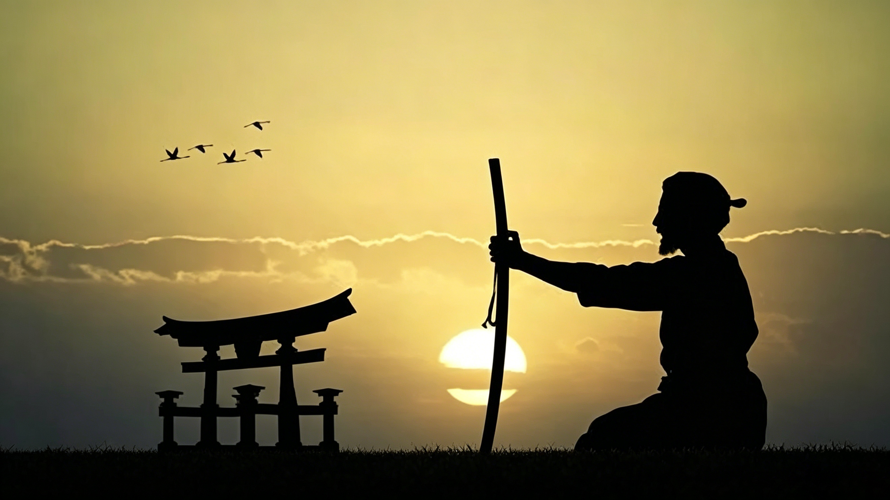 Man in casual indigo kimono holding a polished replica katana, neutral studio backdrop for bushido sword guide header graphic