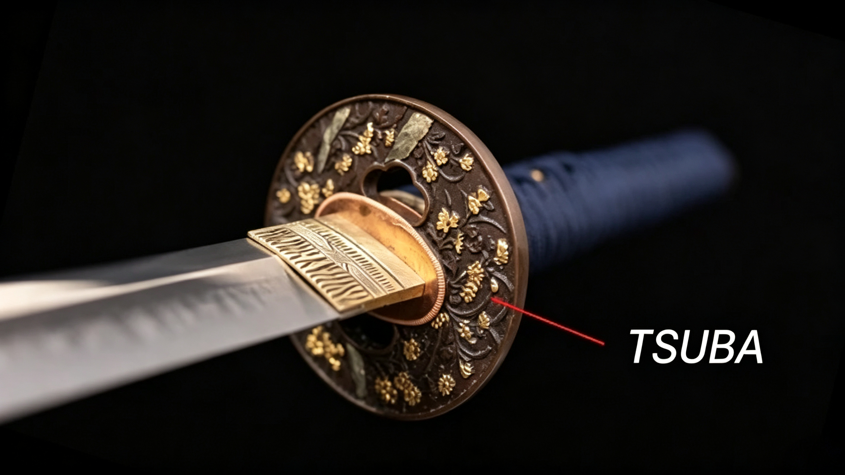 Close‑up studio shot of ornate floral‑pattern tsuba mounted on katana, dark background showing assembled nihonto handguard