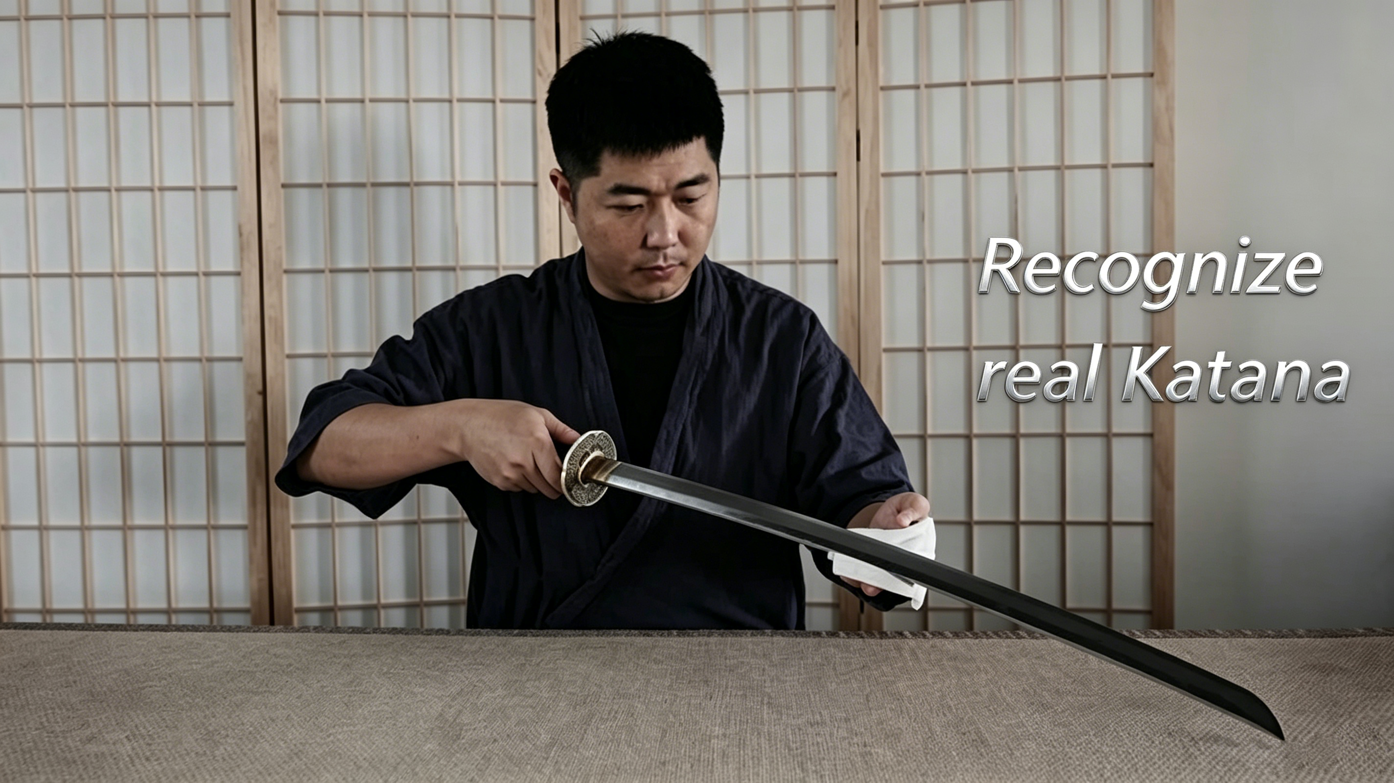 Collector drawing ornamental katana to inspect blade silhouette, hands-on real katana identification tutorial header image with traditional shoji screen background