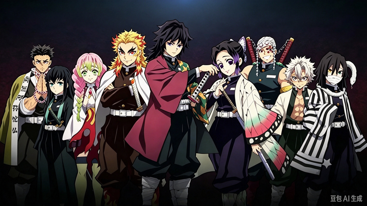 All nine Hashira full group official art Demon Slayer Kimetsu no Yaiba character illustration