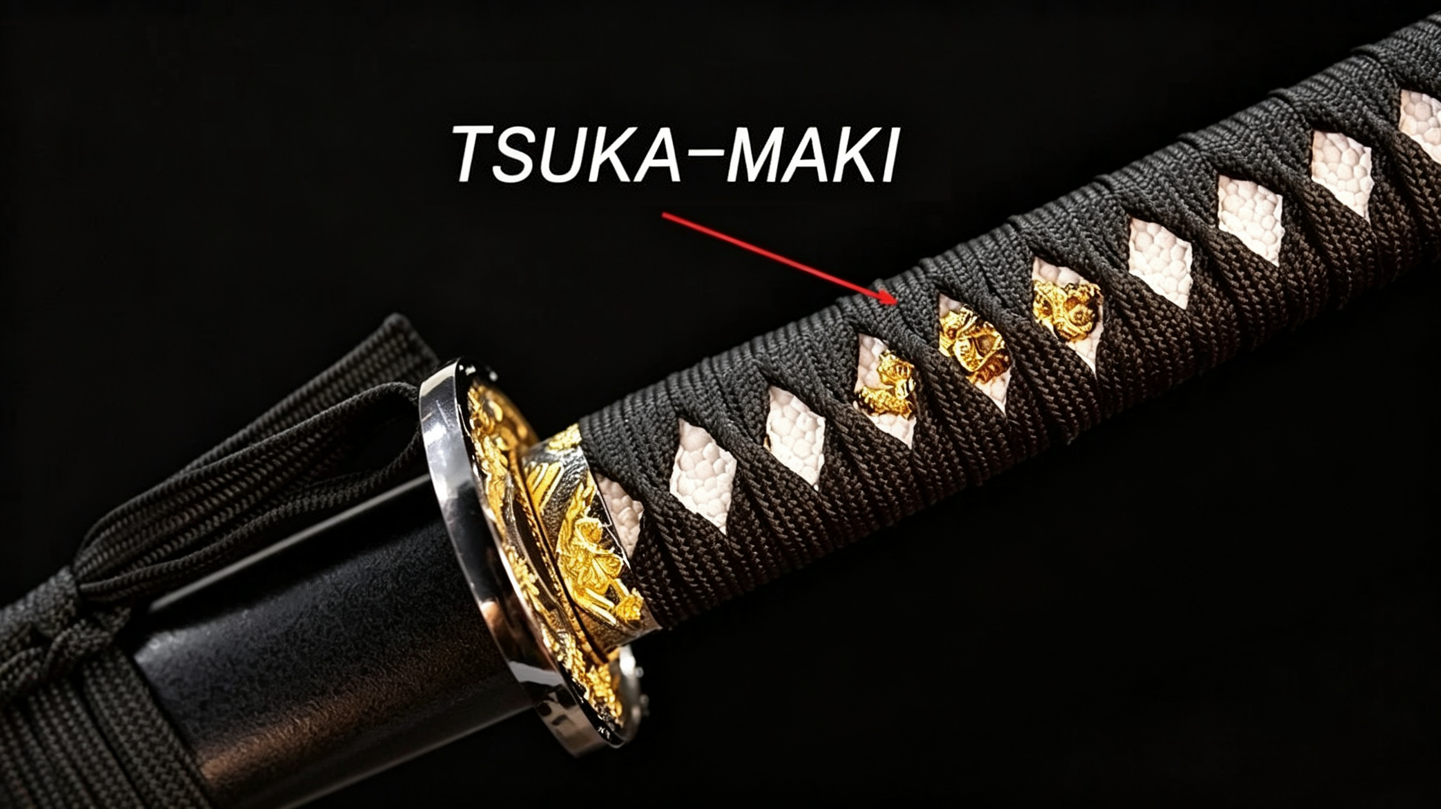 Close‑up shot of katana tsuka‑maki handle wrapping detail, annotated photograph for Japanese sword collection study