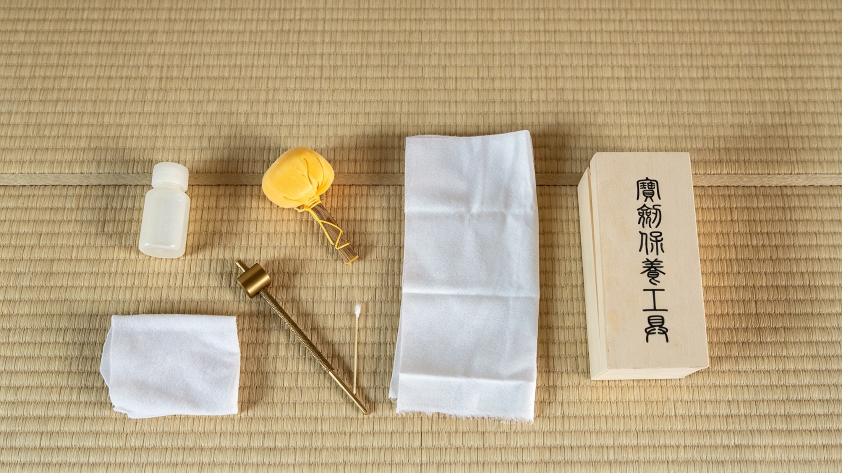 Complete traditional Japanese katana maintenance tool set laid flat on tatami mat for decorative sword collection care