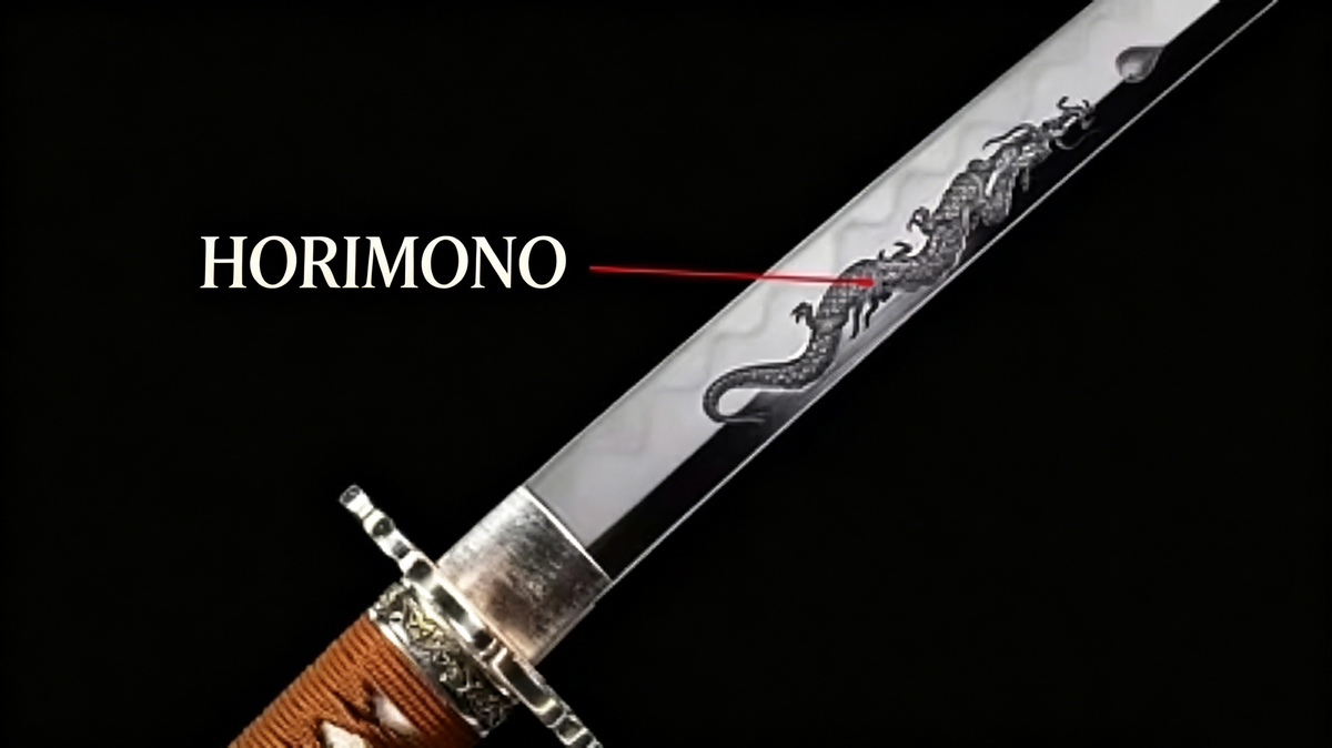 Close‑up photograph of katana blade engraved with dragon horimono carving, labeled diagram pointing to sword horimono detail, dark studio background