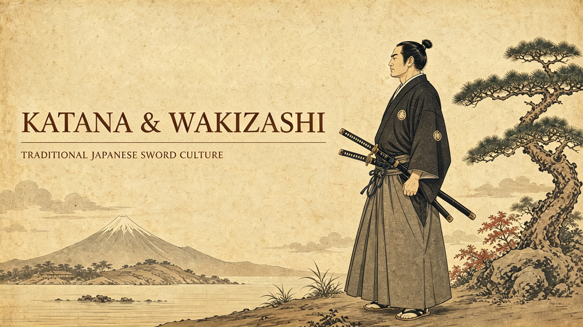 16:9 ukiyo‑e style blog cover, samurai wearing full daisho set with katana and wakizashi, antique parchment background, Japanese traditional sword culture