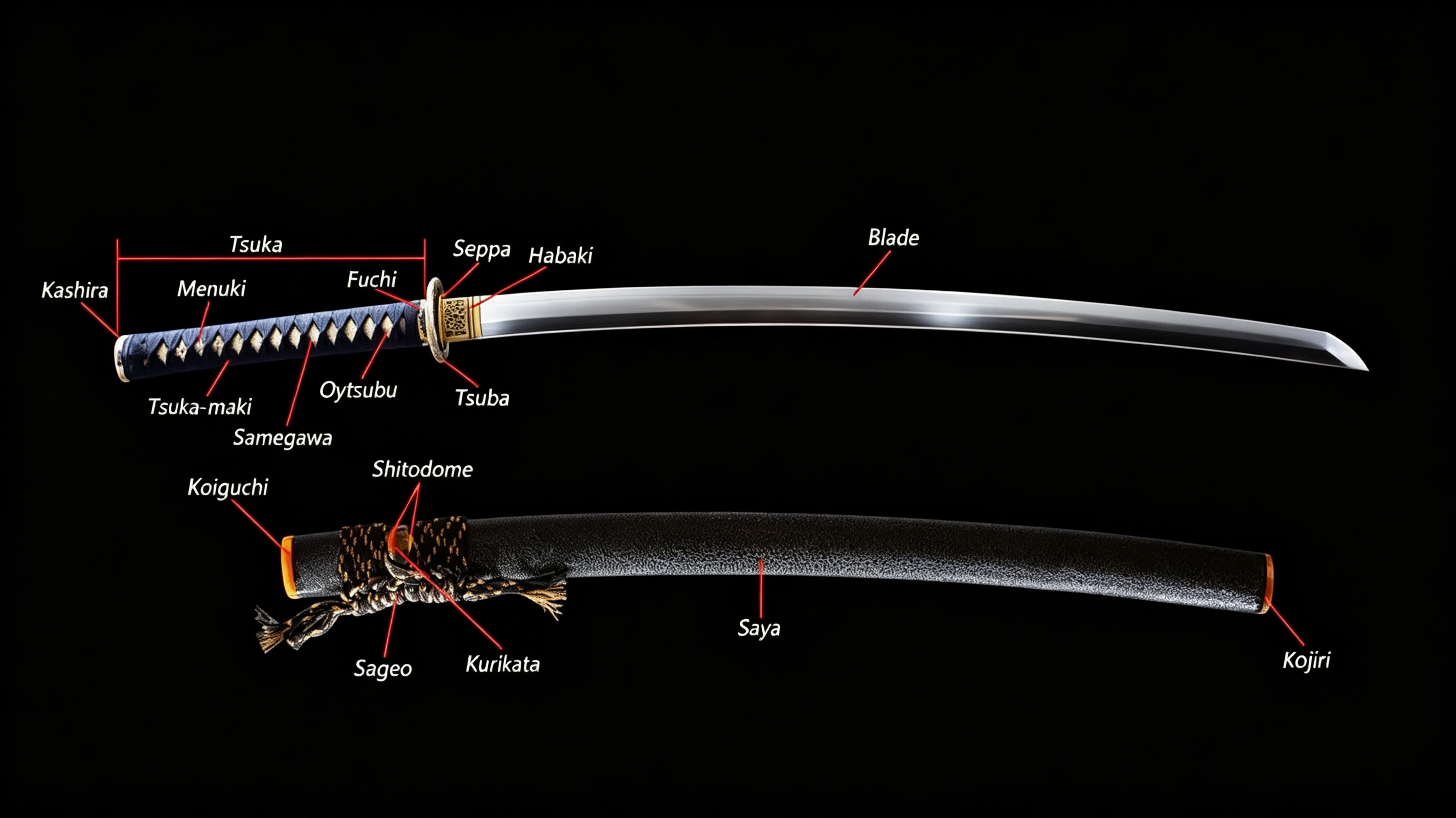 Labeled full view of ornamental katana and matching lacquered saya with all external fitting terminology marked for sword collectors, black minimalist studio background