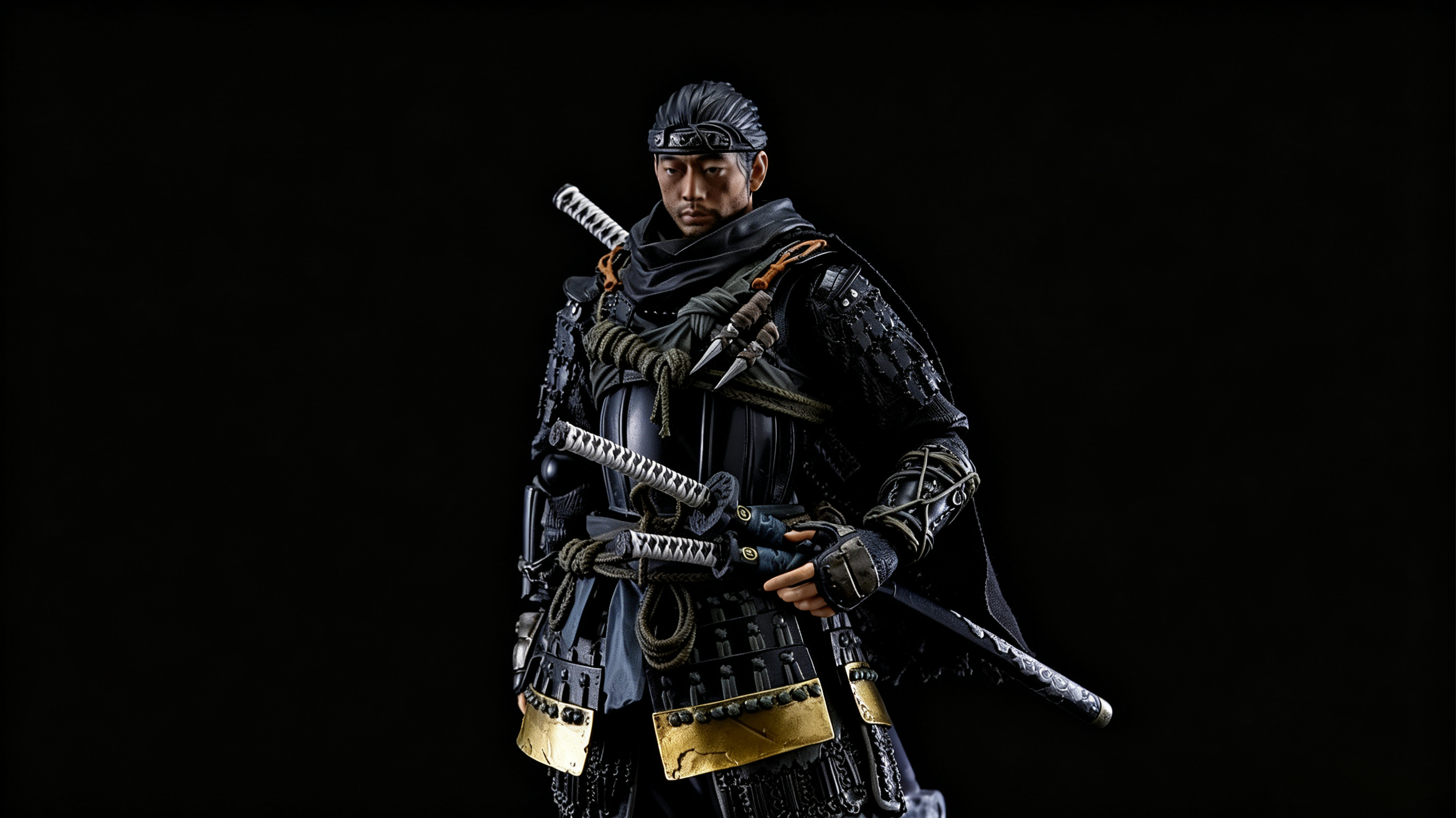 Jin Sakai figure full outfit shot, display the matching Sakai Steel katana and tanto set from Ghost of Tsushima game, black background