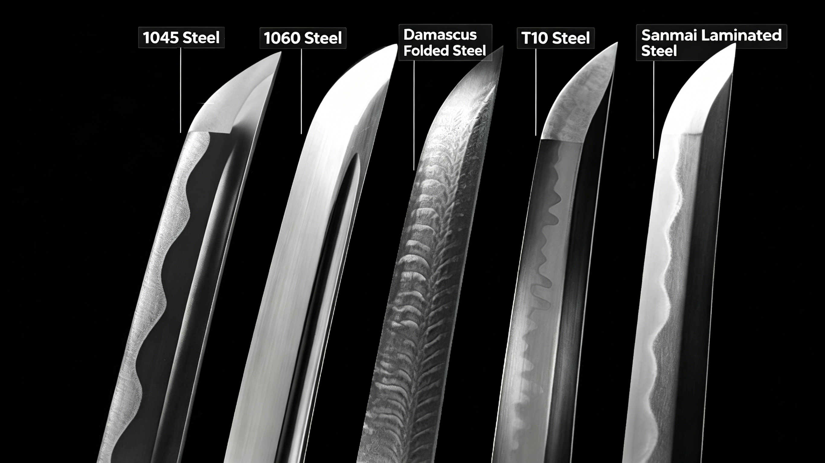 Comparison of 5 common katana blade steels: 1045, 1060, Damascus folded, T10, Sanmai Laminated Steel, texture and hamon contrast chart for samurai sword collectors