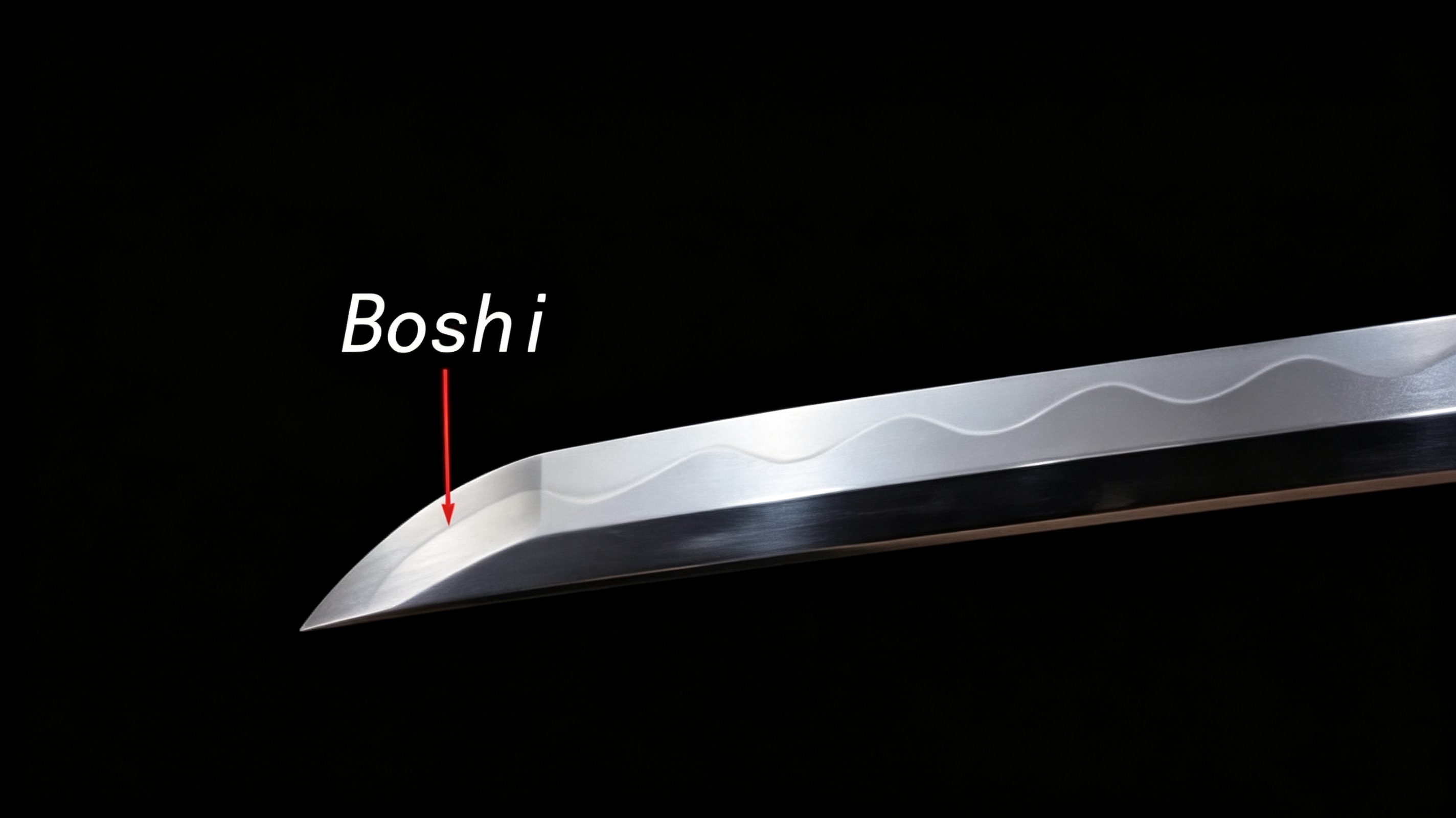 Japanese katana boshi sword tip craft guide cover, swordsmith workshop, labeled blade tip, traditional boshi styles, polished collectible nihonto