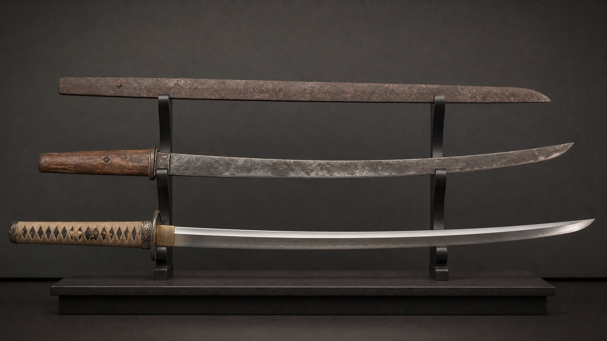 Ancient Japanese sword evolution comparison, straight chokuto vs curved tachi and katana antique blade museum exhibit