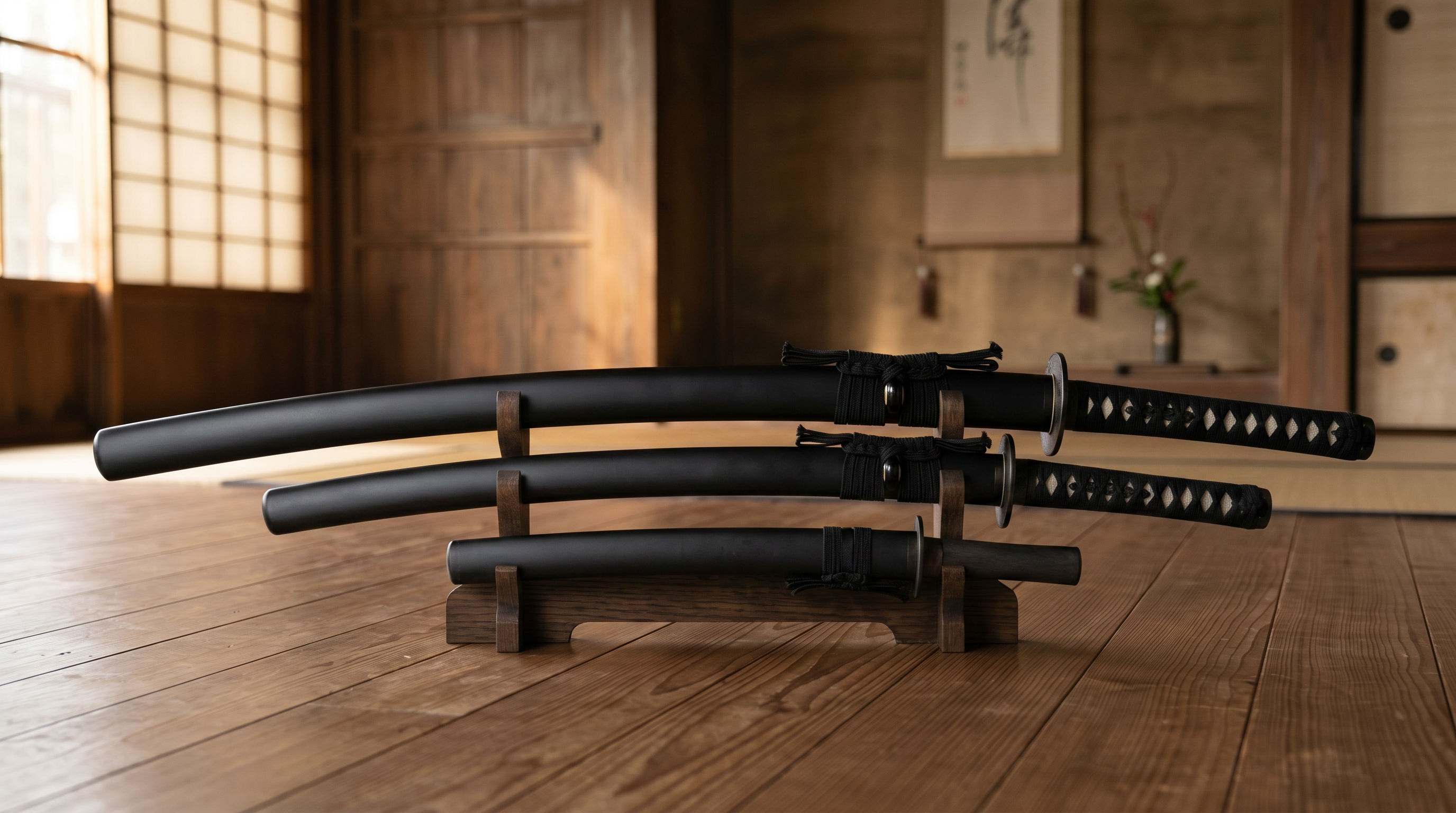Three-piece samurai sword collection, katana, wakizashi and tantō displayed on multi-tier dark wooden stand inside traditional Japanese room