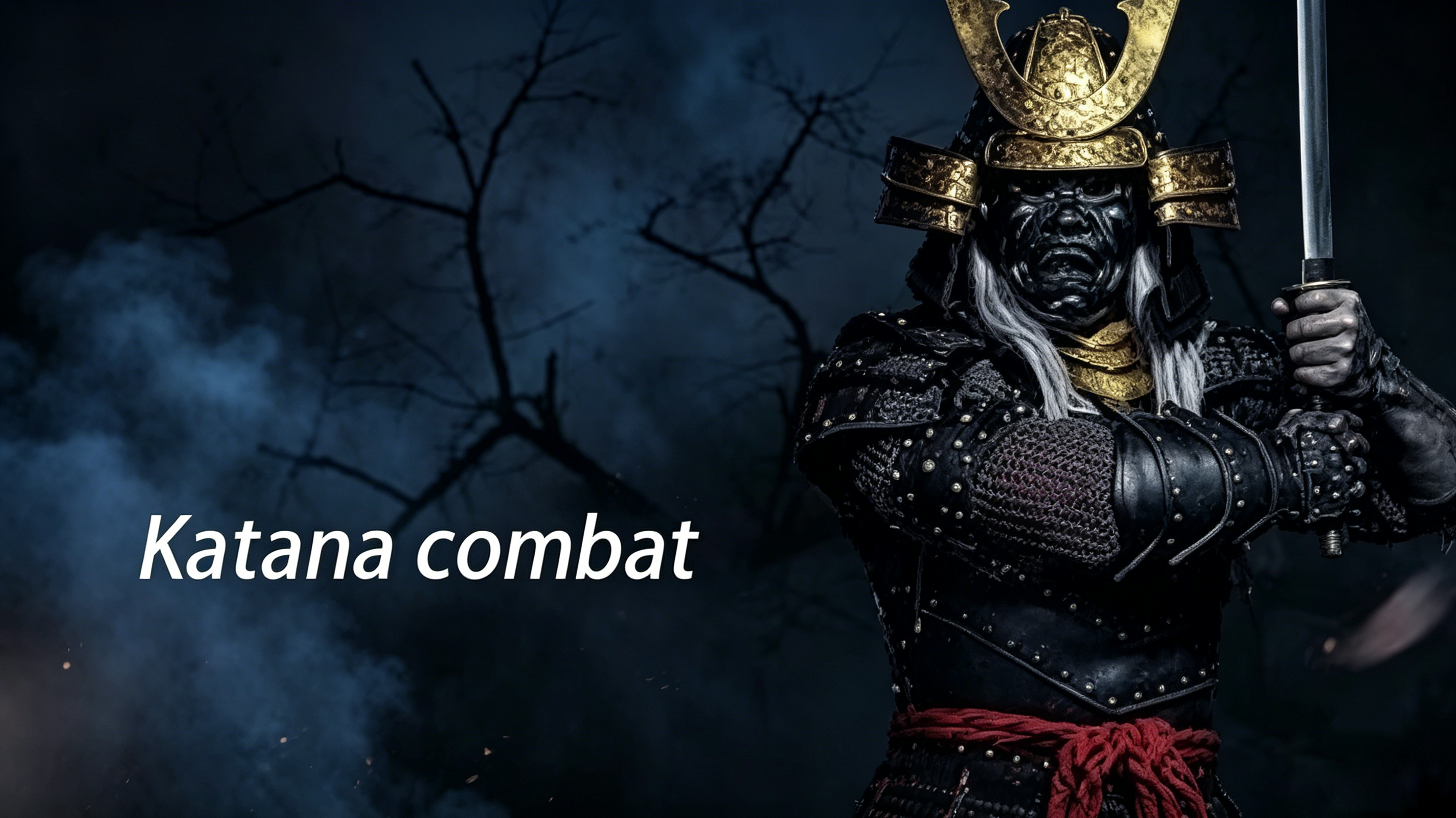 Armored samurai holding katana at night, Katana combat historical samurai sword culture