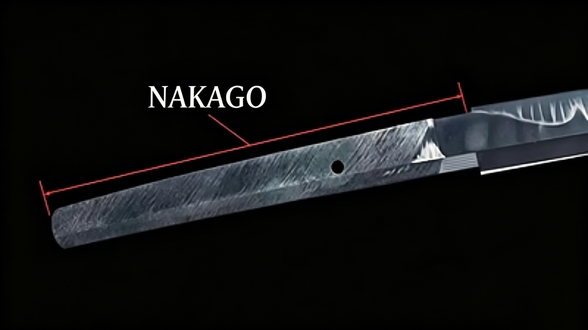 Black background studio photograph of nihonto nakago tang, white dimension leader lines marking the full tang section of japanese katana
