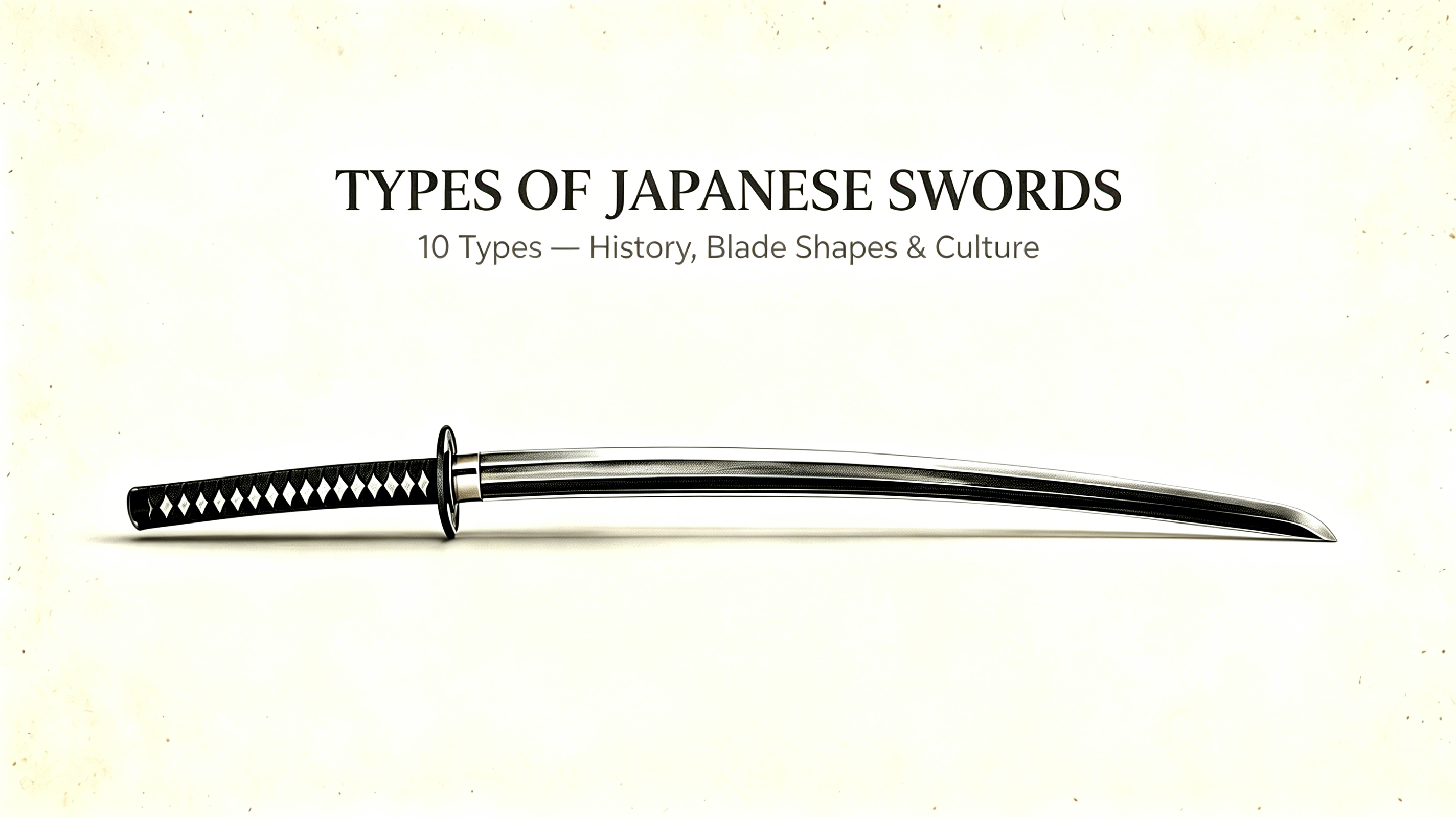 16:9 vintage-paper reference graphic of a traditional Japanese katana, titled Types of Japanese Swords, covering 10 nihonto types with history, blade shapes and culture for collector overview
