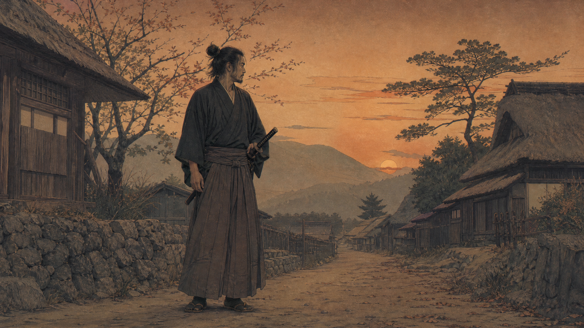 Ukiyo-e art of a lone ronin samurai clutching katana beneath twilight, traditional feudal Japanese illustration
