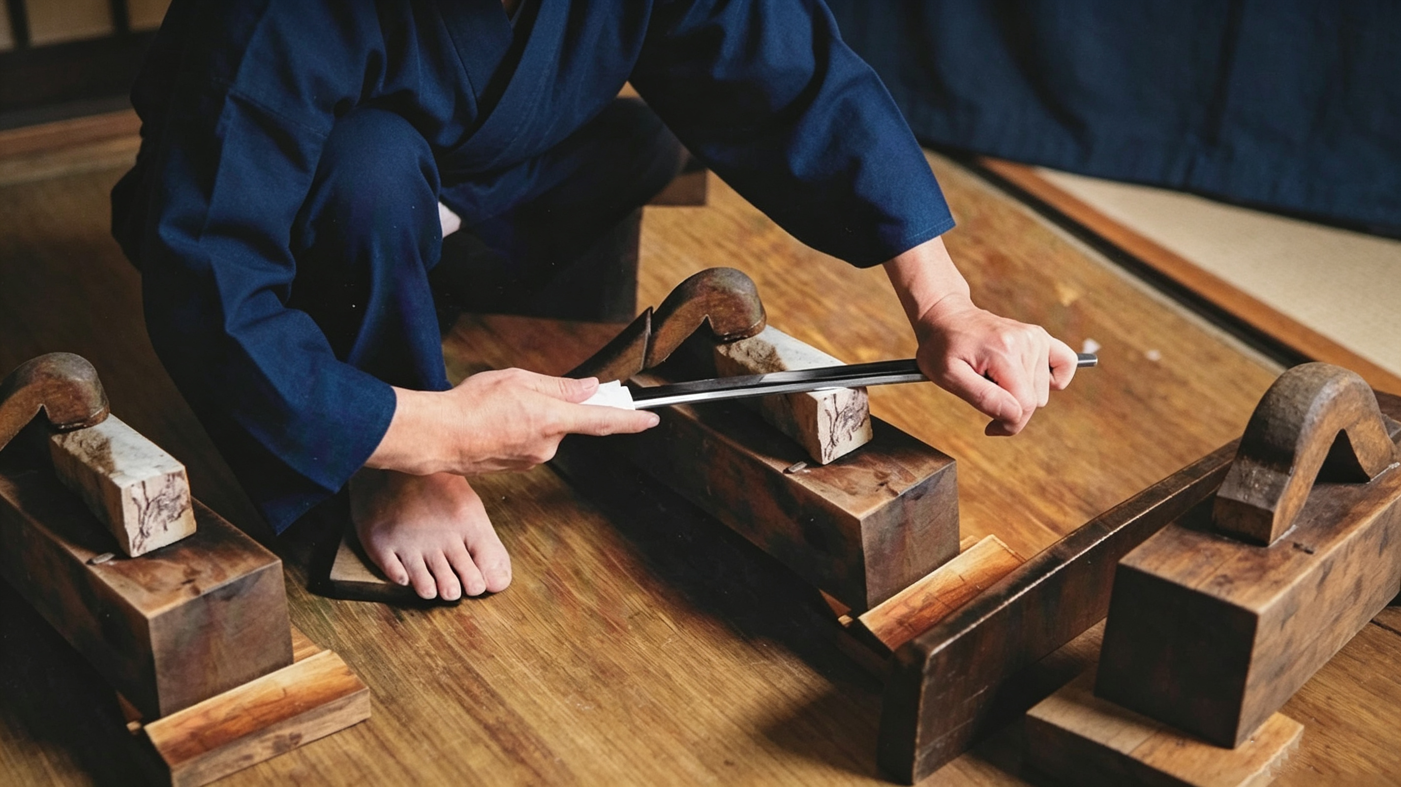 Traditional Japanese sword polisher kneeling on tatami mat working on katana blade with vintage wooden polishing jigs, authentic studio craft scene