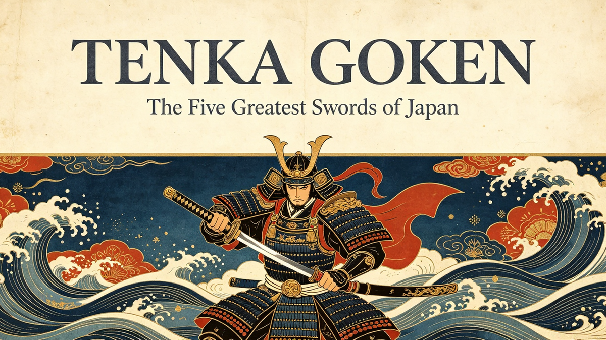 16:9 ukiyo-e woodblock print style cover of Tenka Goken with samurai warrior and Japanese title, vintage paper aesthetic for Japanese sword history blog