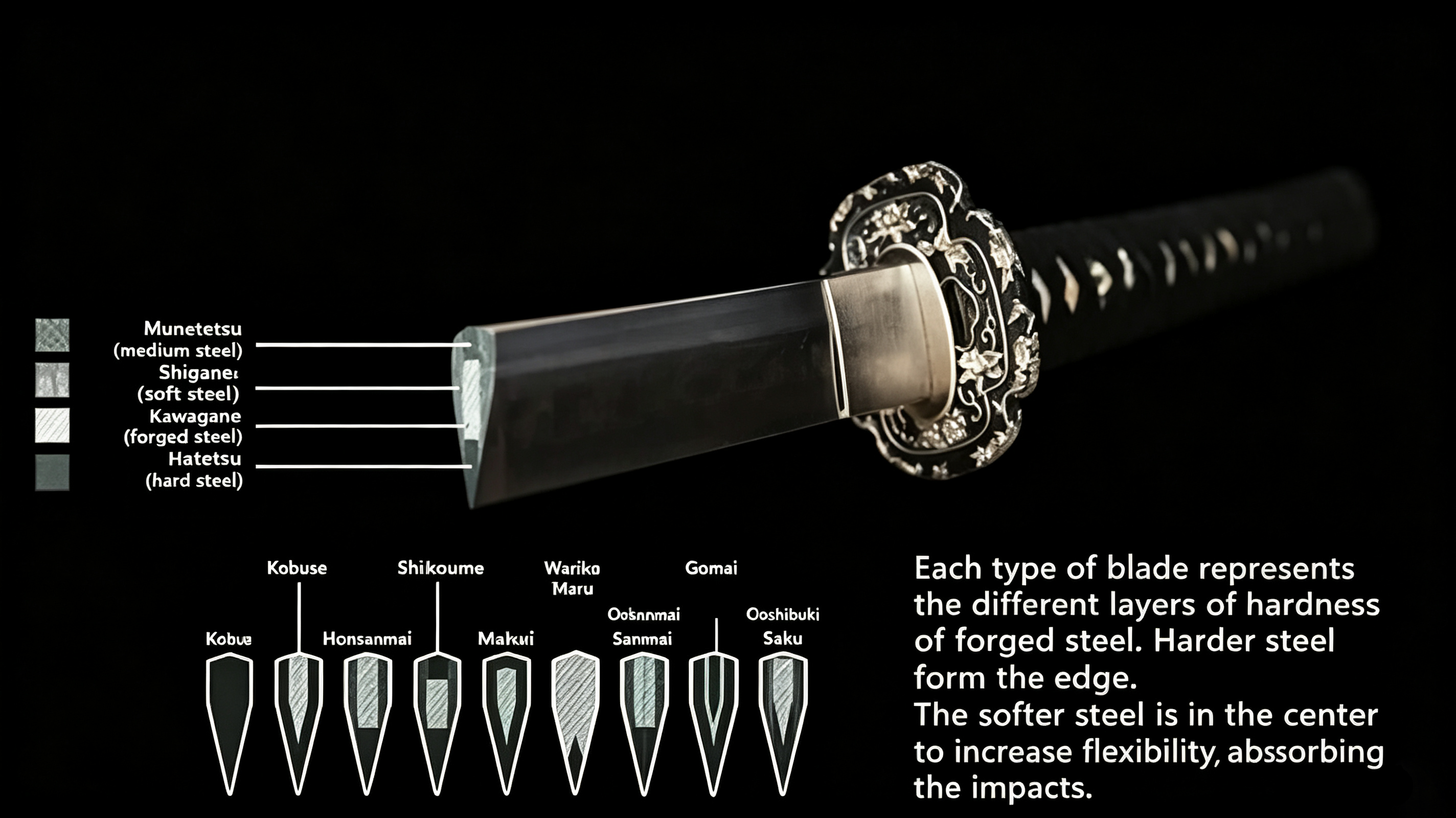 Full overview diagram of 8 traditional katana tsukurikomi cross-section structures, paired with steel material legend and cultural explanatory text, dark themed 16:9 illustration for sword collectors
