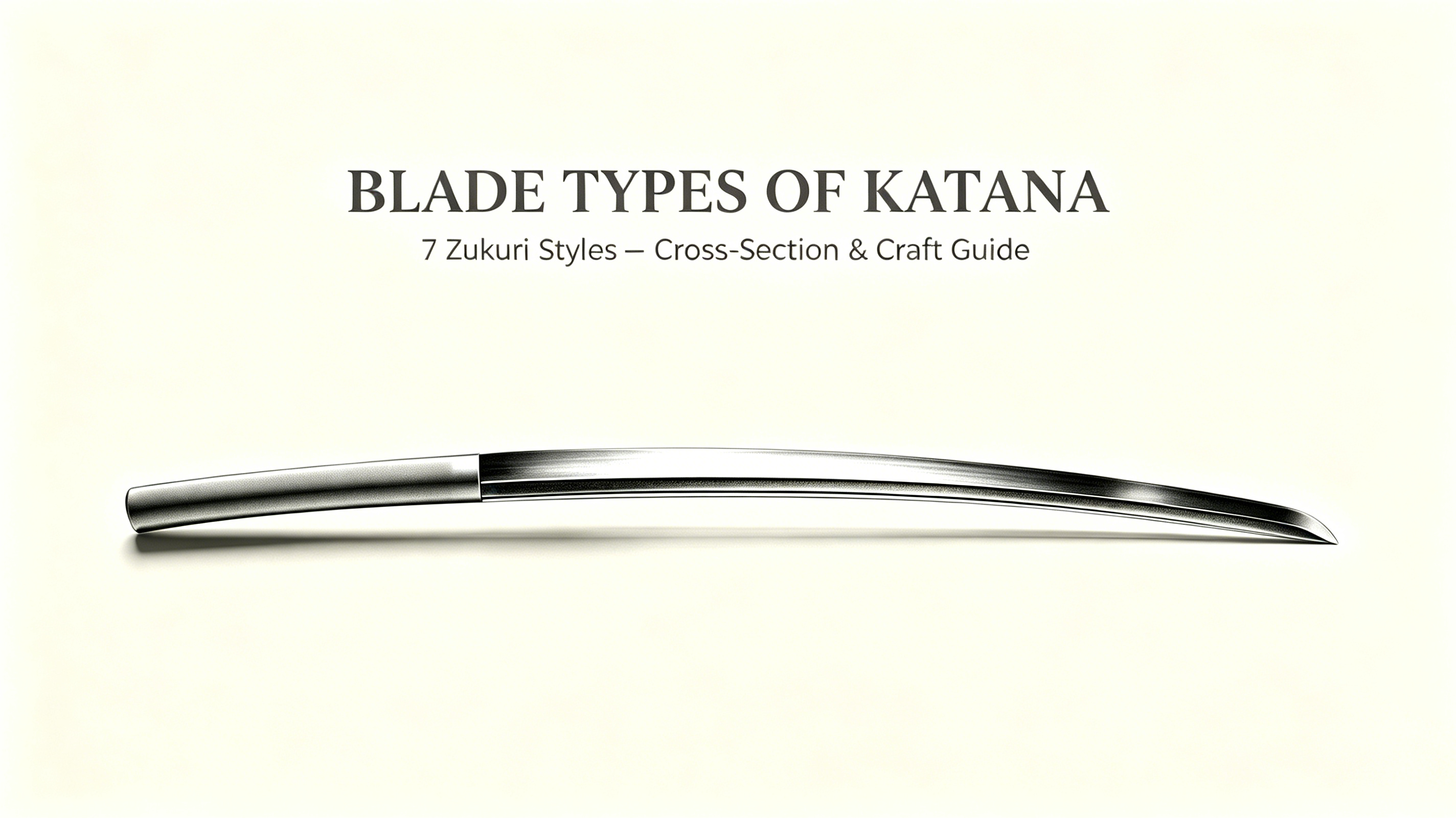 16:9 vintage warm off-white paper cover for Blade Types of Katana, featuring a bare nihonto blade with nakago, two mekugi-ana holes, yasurime file marks and wavy hamon, with title and subtitle for 7 zukuri styles cross-section craft guide