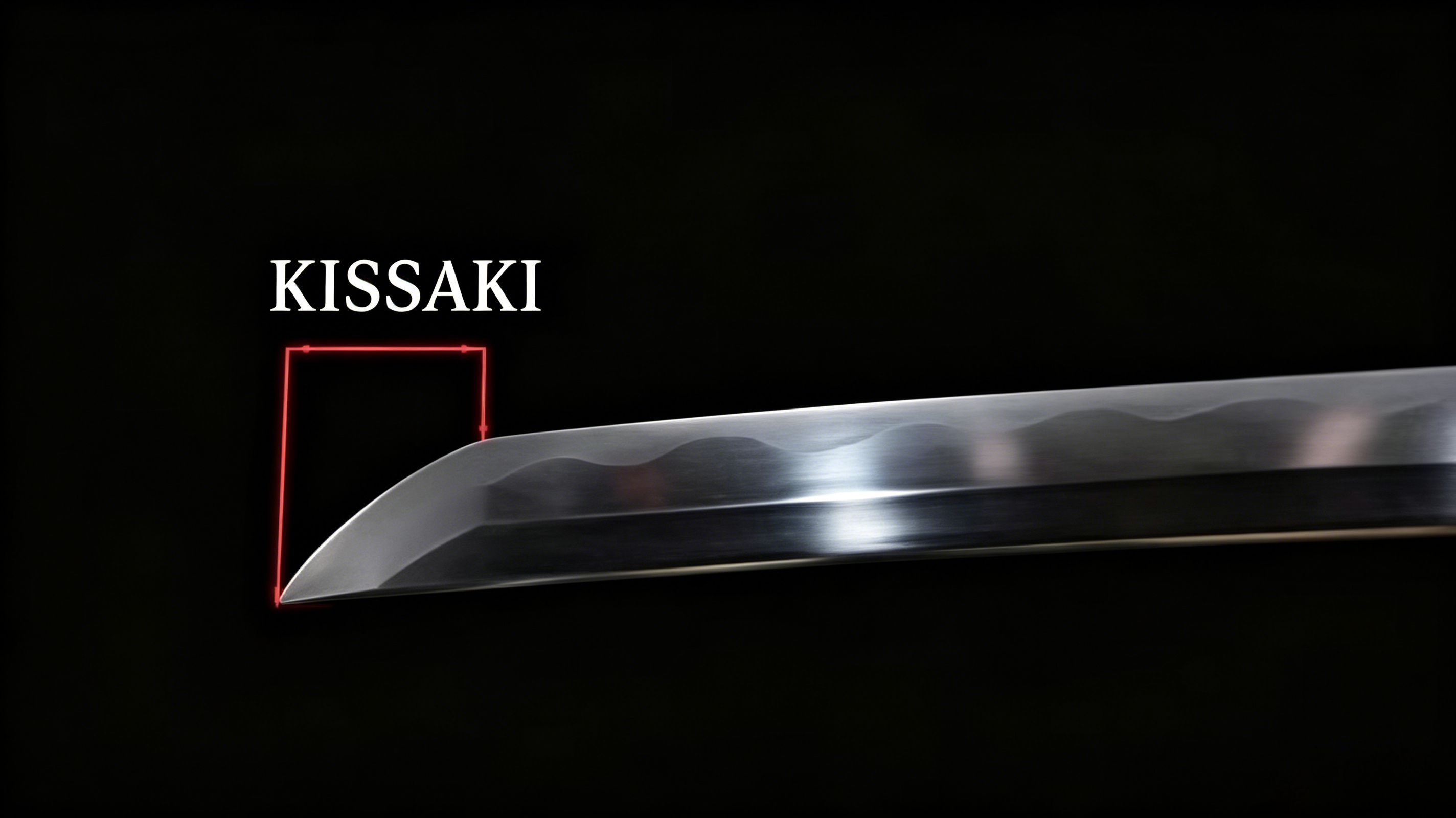 Close-up studio shot of polished katana kissaki blade tip against solid pure black background, nihonto detail photograph