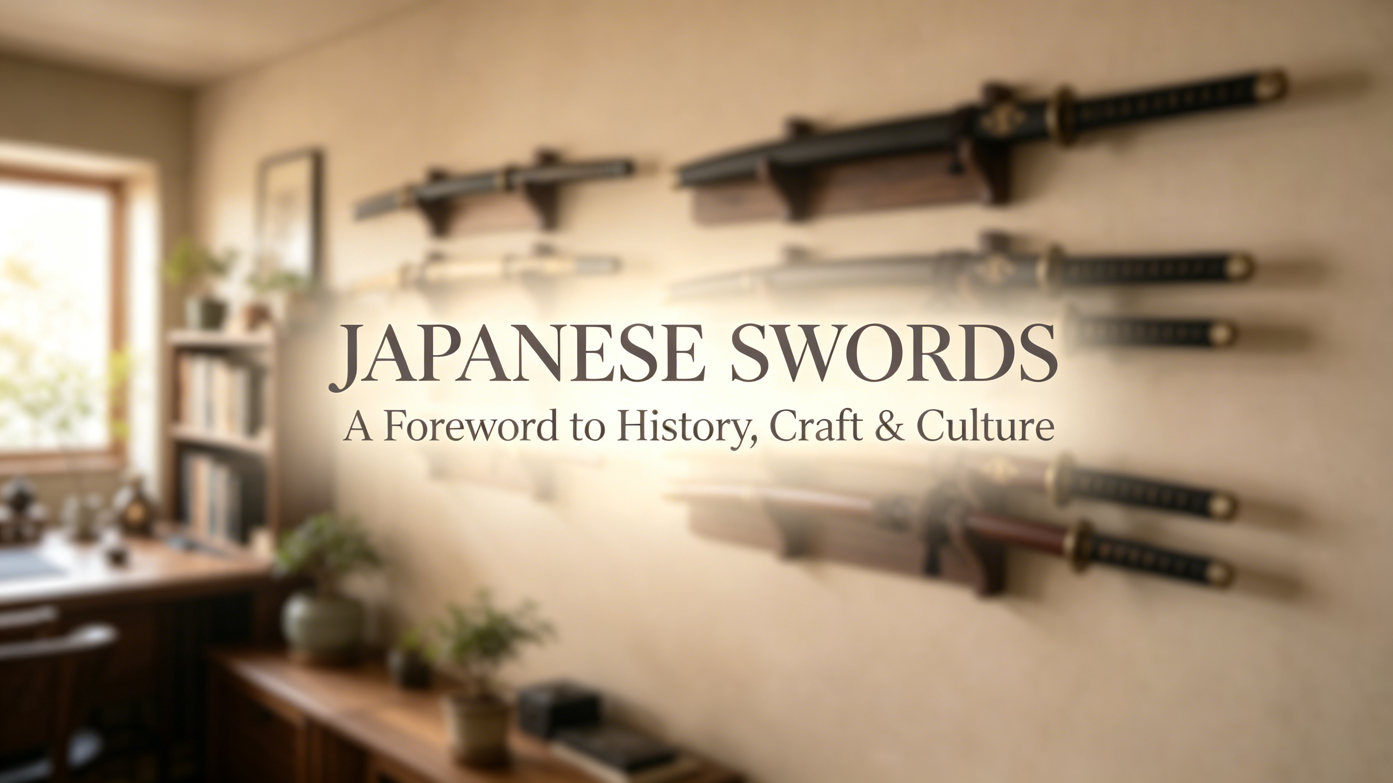 `16:9 blurred Japanese sword collection room background with centered overlay title JAPANESE SWORDS and subtitle A Foreword to History, Craft and Culture, warm-toned katana display for blog cover`