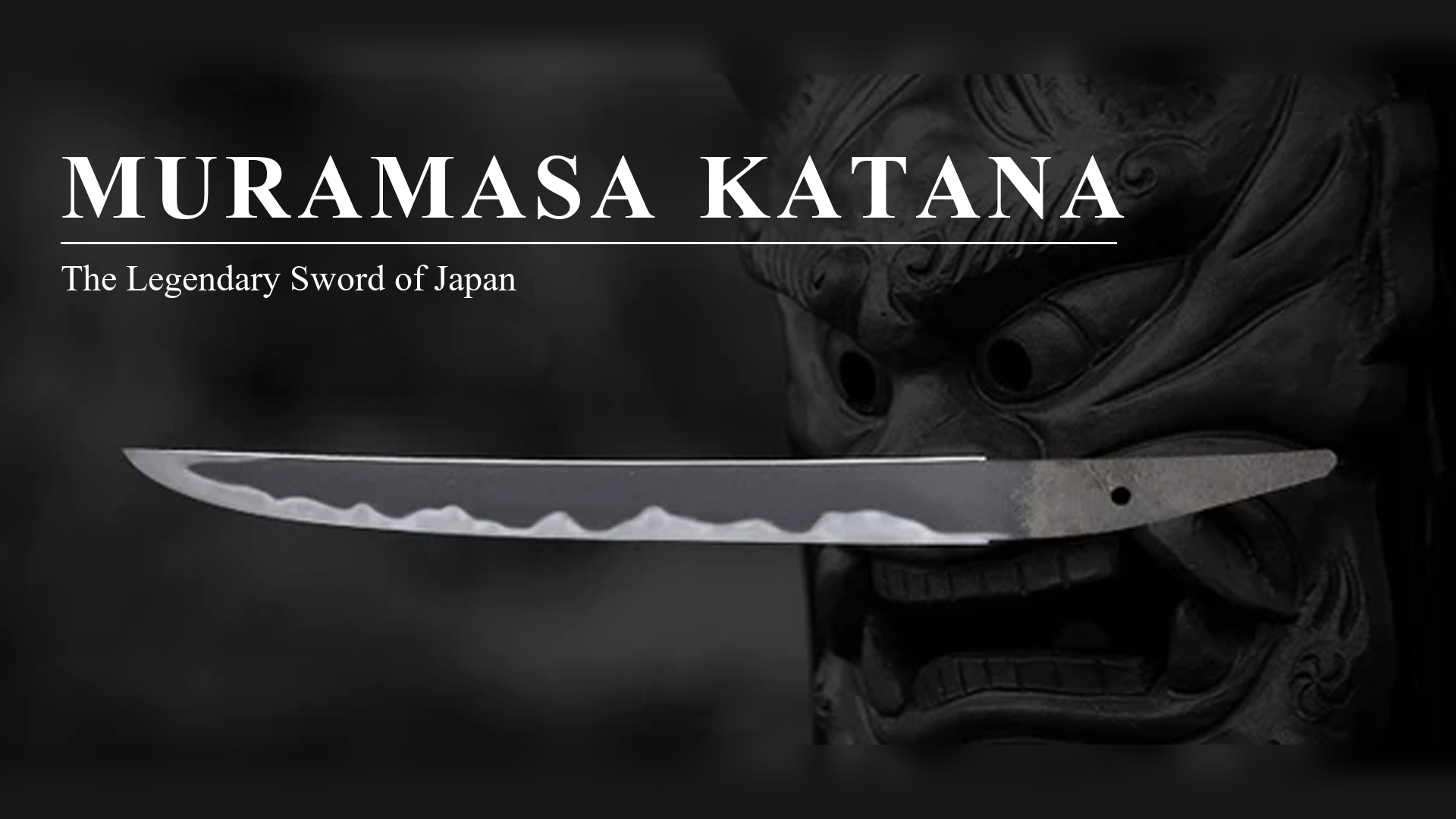 Muramasa katana bare blade with hannya demon mask on dark black background, blog cover titled Muramasa Katana — The Legendary Sword of Japan