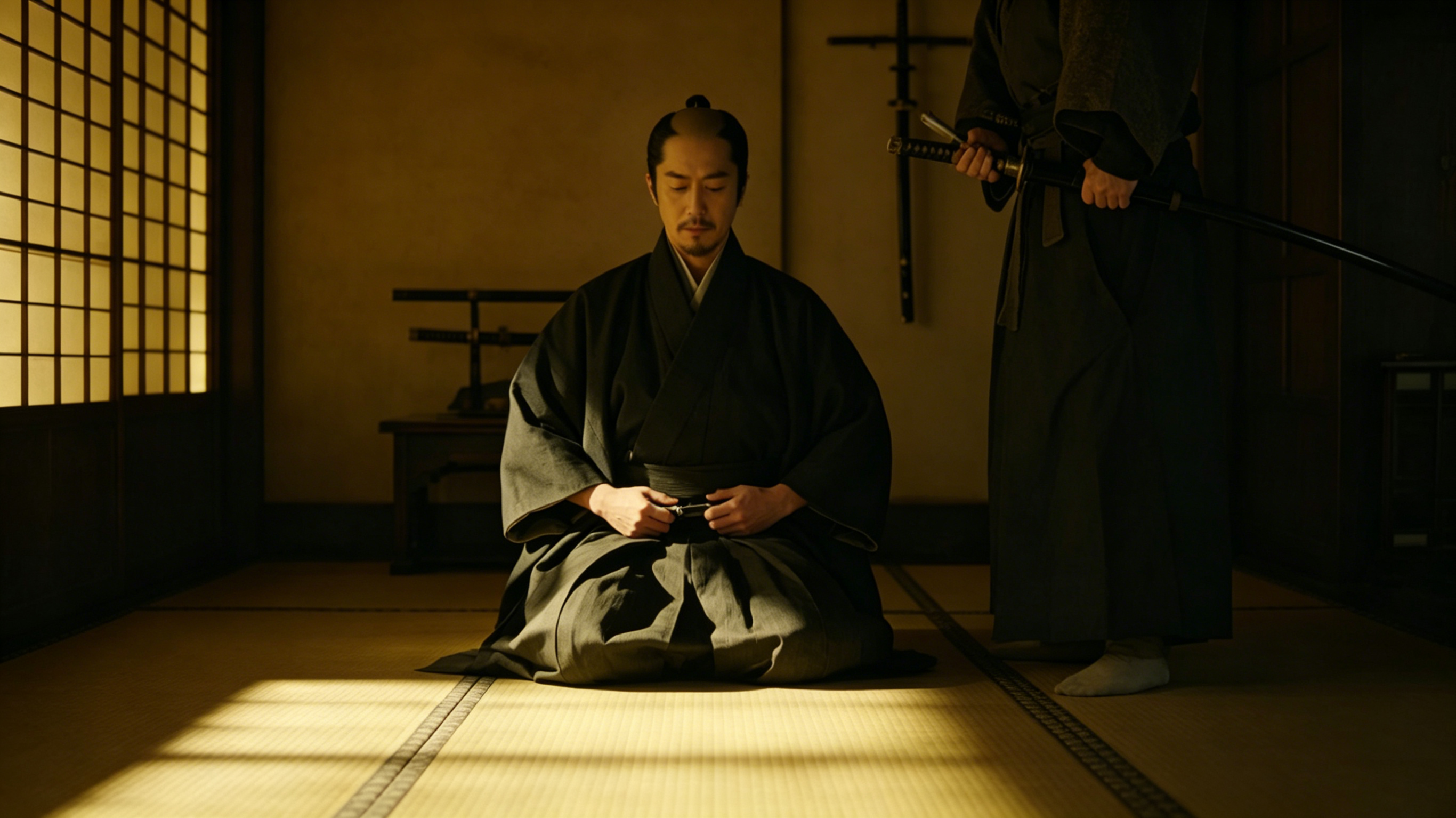 Traditional Japanese samurai preparing for seppuku ritual in a tatami room